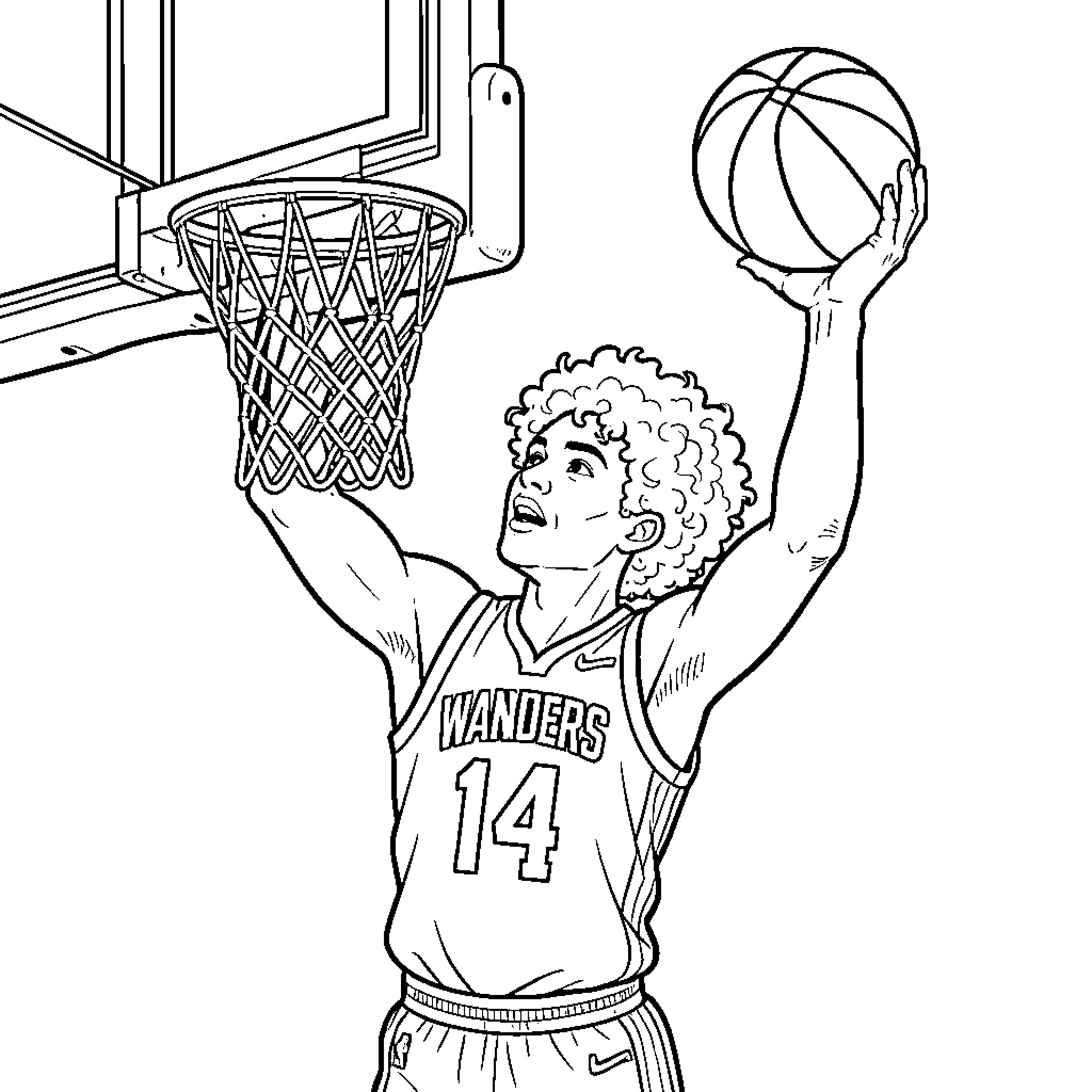Basketball Player Dunking the Ball Coloring Page (free black-and-white line drawing printable PDF for all, from beginners to advanced learners, including children, teens, adults, and seniors)
