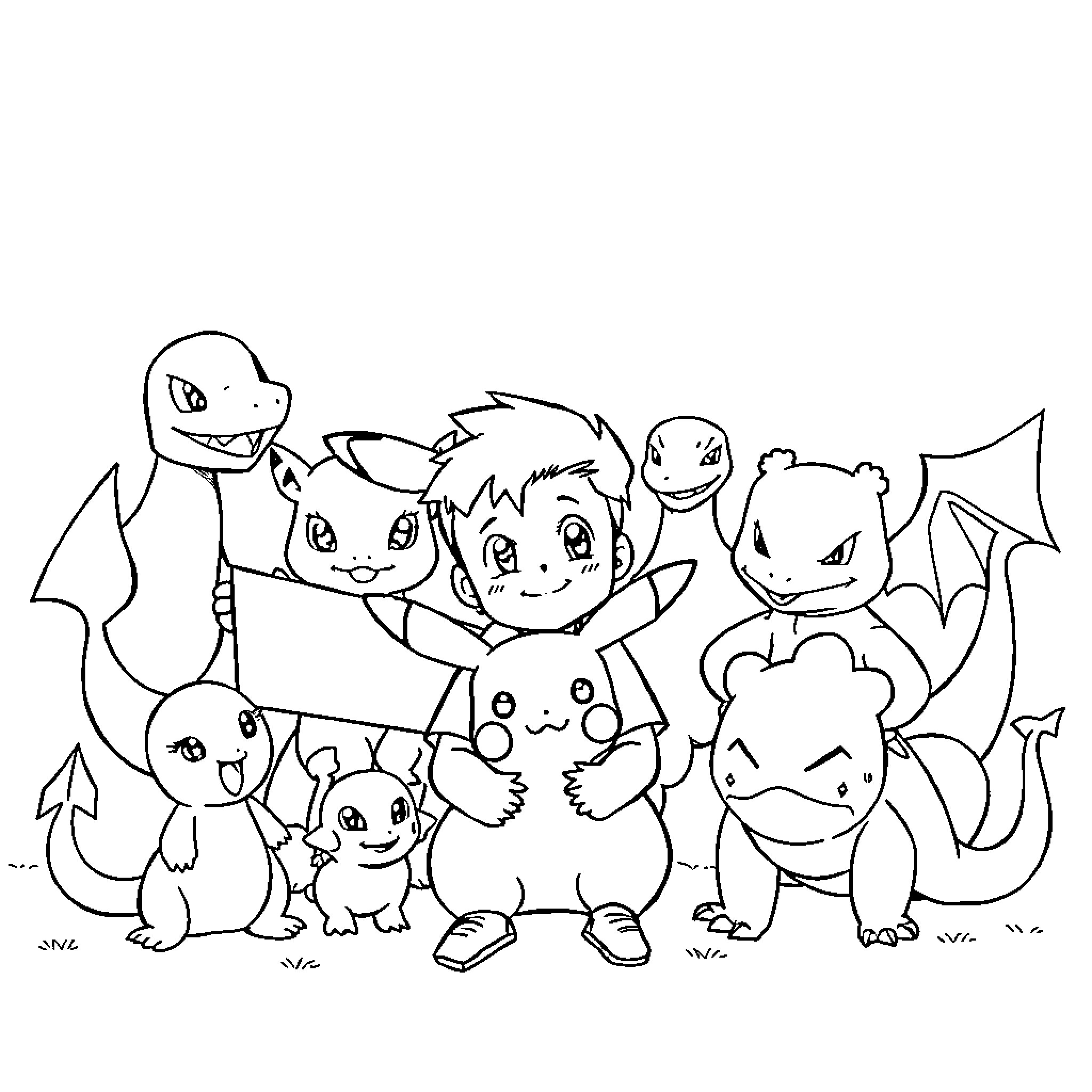 Pokémon characters gathered together in a group Coloring Page (free black-and-white line drawing printable PDF for all, from beginners to advanced learners, including children, teens, adults, and seniors)
