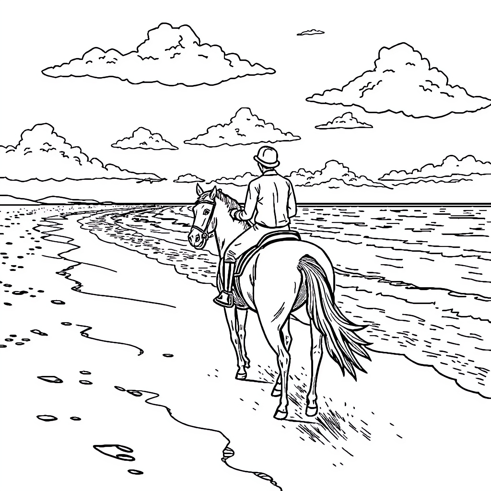Horse riding along the beach with scenic clouds Coloring Page (free black-and-white line drawing printable PDF for all, from beginners to advanced learners, including children, teens, adults, and seniors)