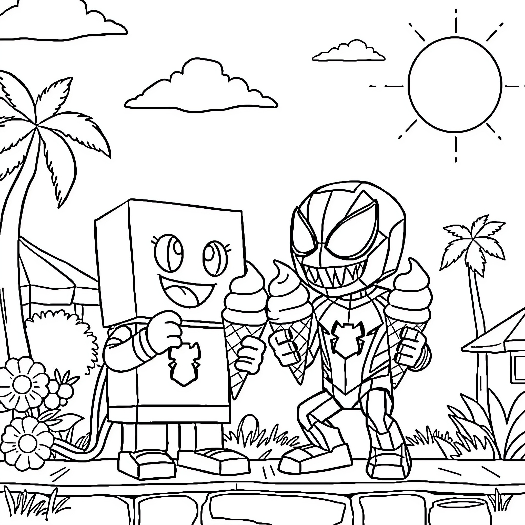 Numberblocks characters in a summer scene Coloring Page (free black-and-white line drawing printable PDF for all, from beginners to advanced learners, including children, teens, adults, and seniors)