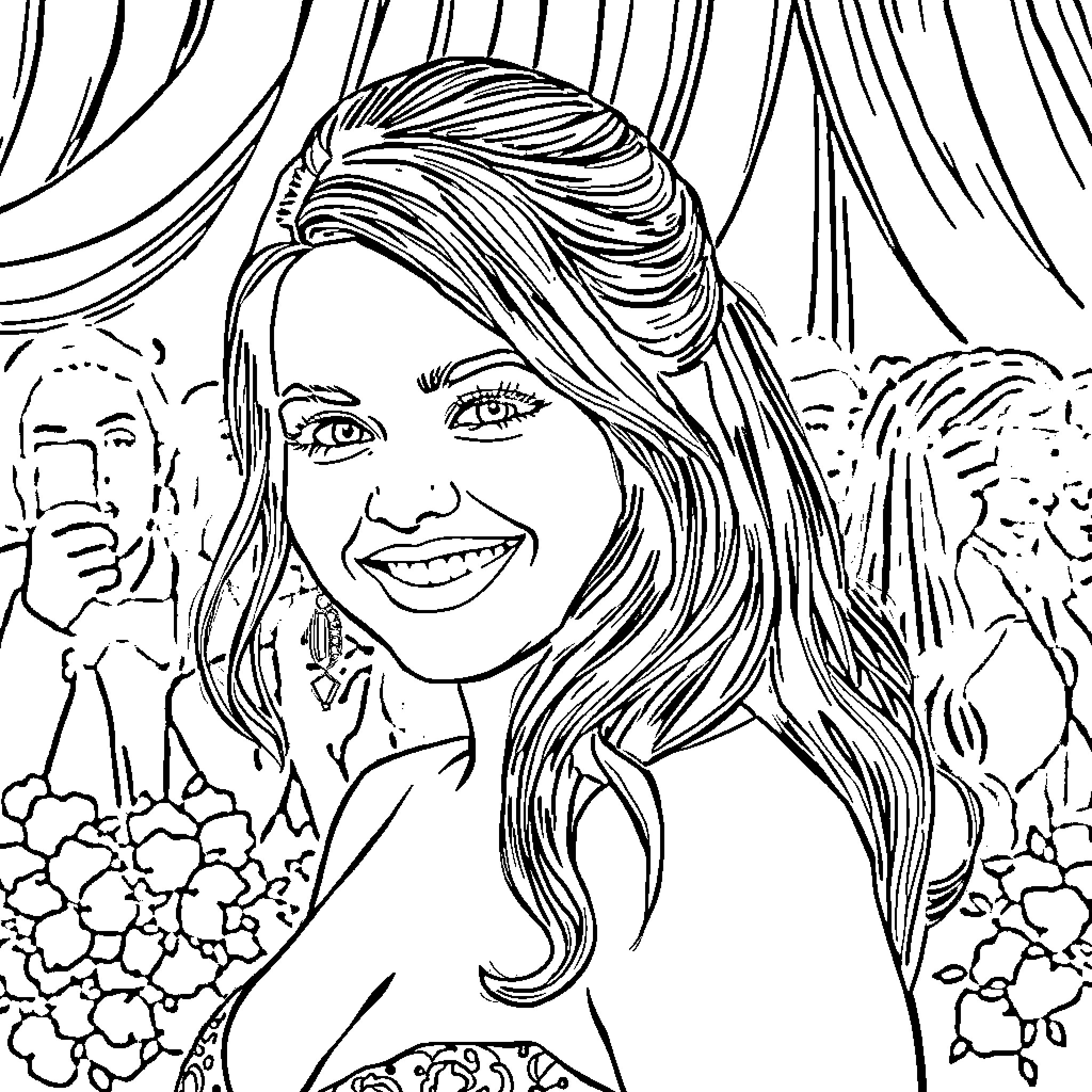 Selena Gomez enjoying a floral setting Coloring Page (free black-and-white line drawing printable PDF for all, from beginners to advanced learners, including children, teens, adults, and seniors)