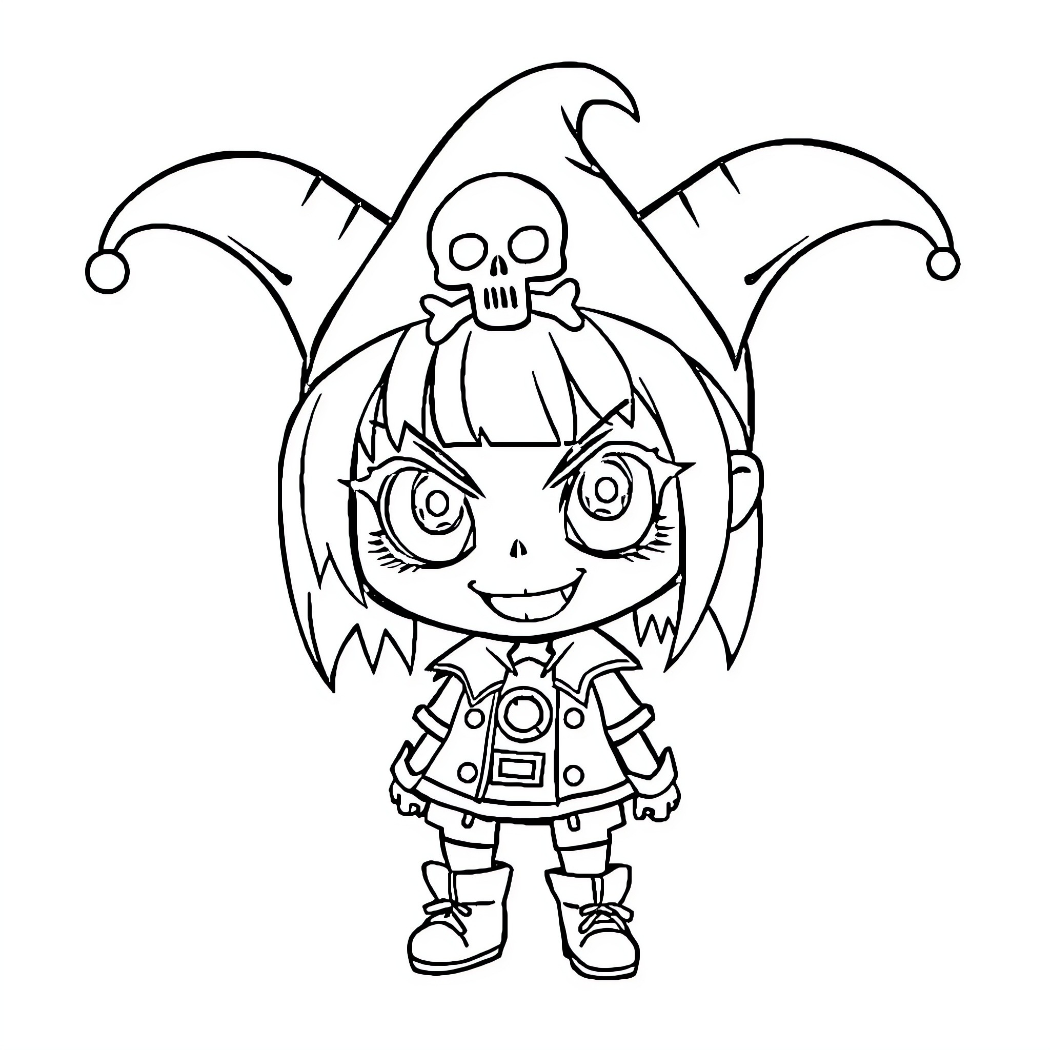 Kuromi in playful jester outfit with skull motif Coloring Page (free black-and-white line drawing printable PDF for all, from beginners to advanced learners, including children, teens, adults, and seniors)