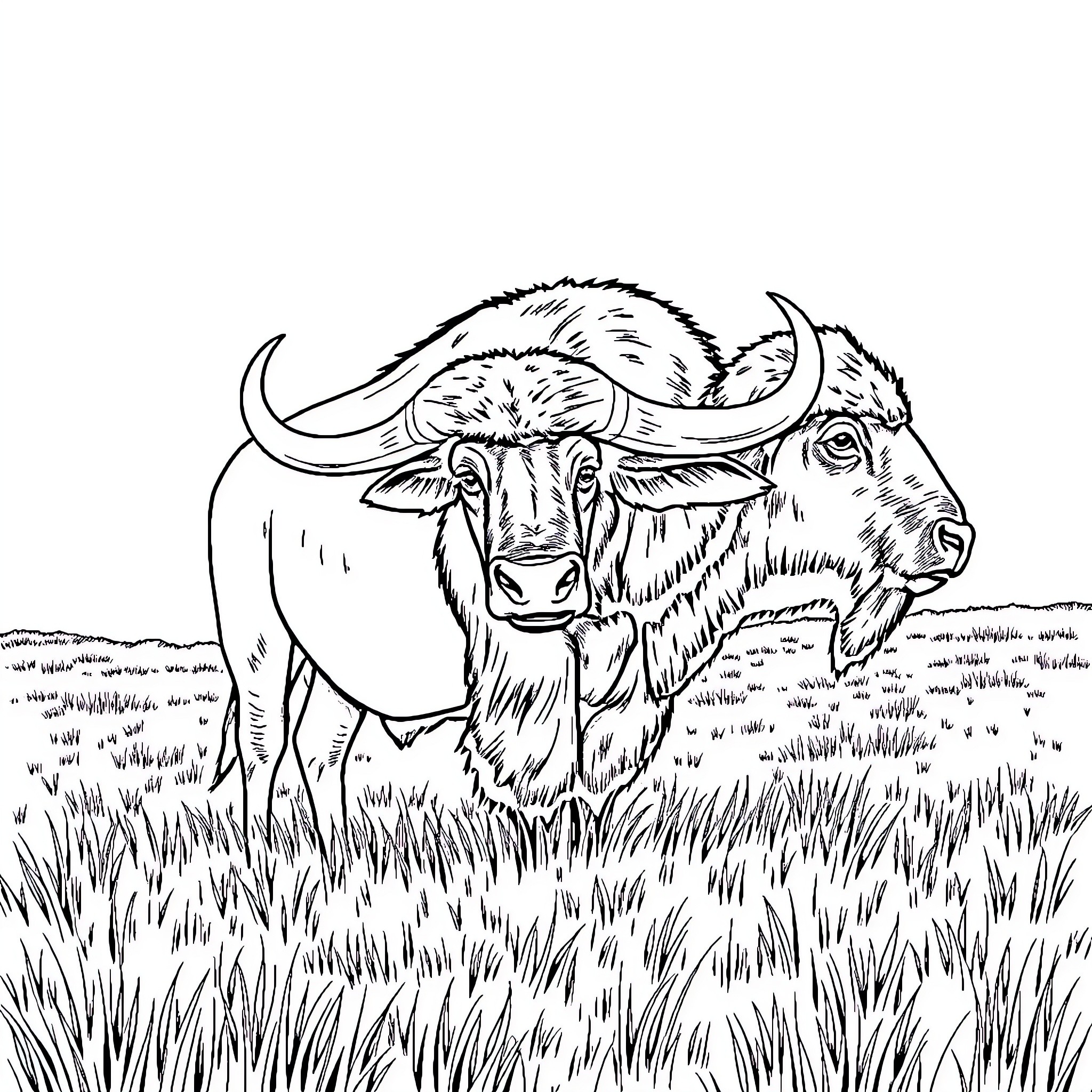 Buffalo standing in tall grass Coloring Page (free black-and-white line drawing printable PDF for all, from beginners to advanced learners, including children, teens, adults, and seniors)