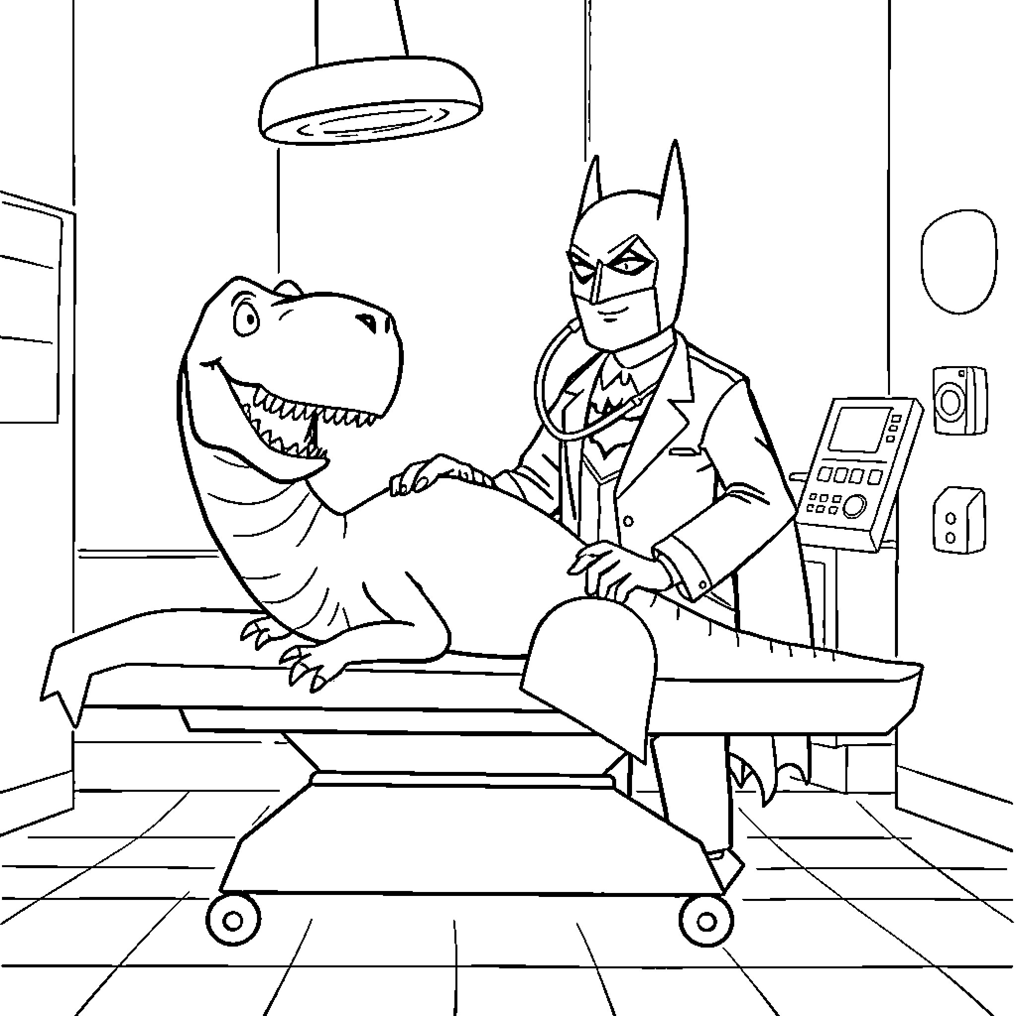 Doctor Batman examines a friendly dinosaur patient Coloring Page (free black-and-white line drawing printable PDF for all, from beginners to advanced learners, including children, teens, adults, and seniors)