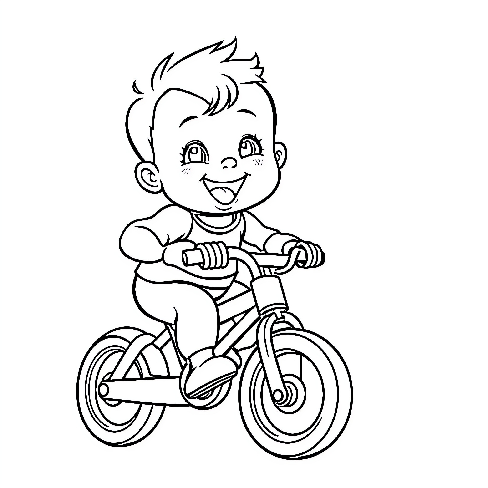 Baby happily riding a bicycle Coloring Page (free black-and-white line drawing printable PDF for all, from beginners to advanced learners, including children, teens, adults, and seniors)