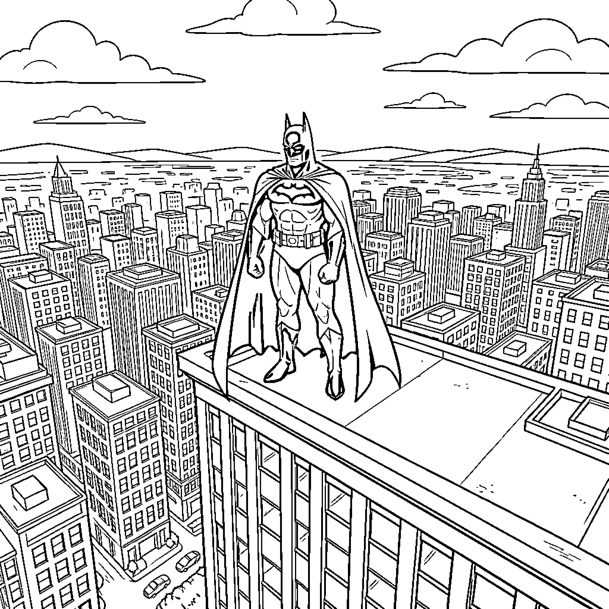 Bateman standing heroically atop a skyscraper overlooking a city Coloring Page (free black-and-white line drawing printable PDF for all, from beginners to advanced learners, including children, teens, adults, and seniors)