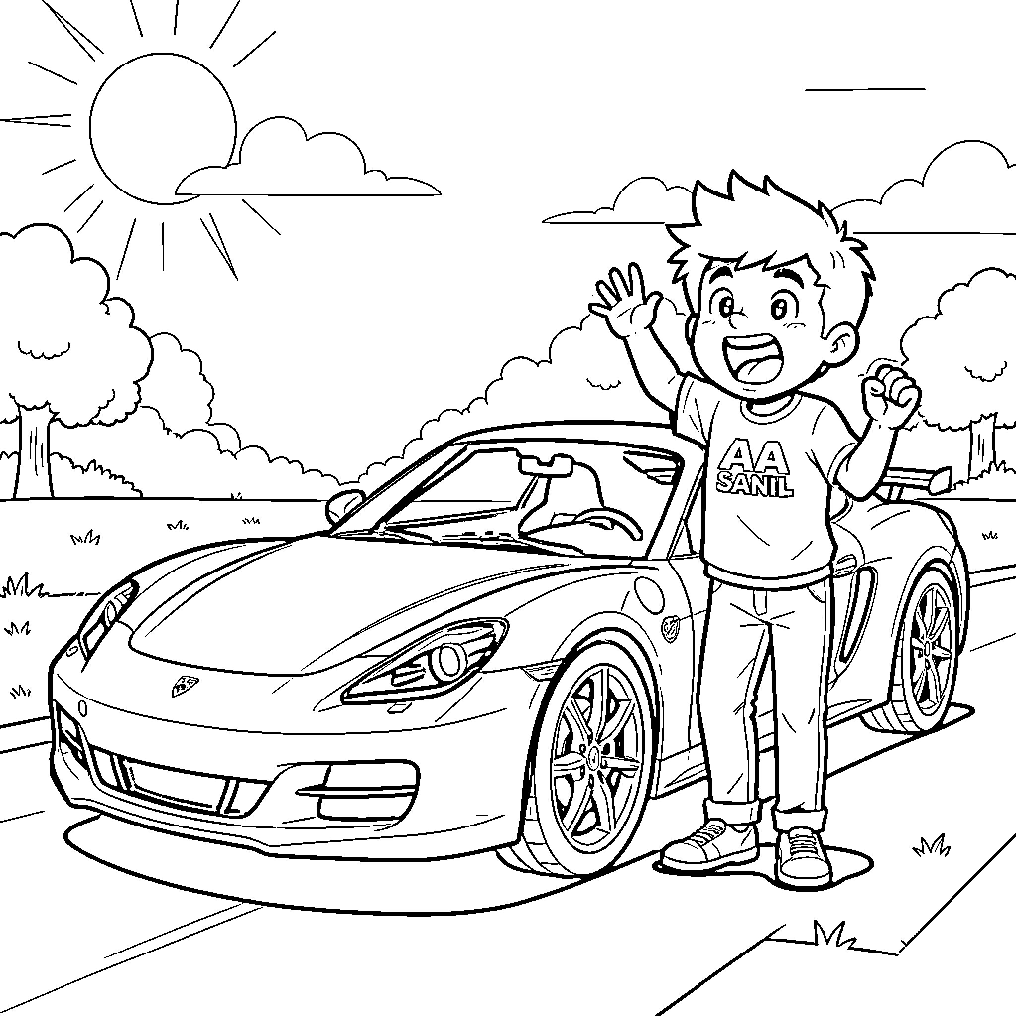 Sports Car with a happy boy waving Coloring Page (free black-and-white line drawing printable PDF for all, from beginners to advanced learners, including children, teens, adults, and seniors)