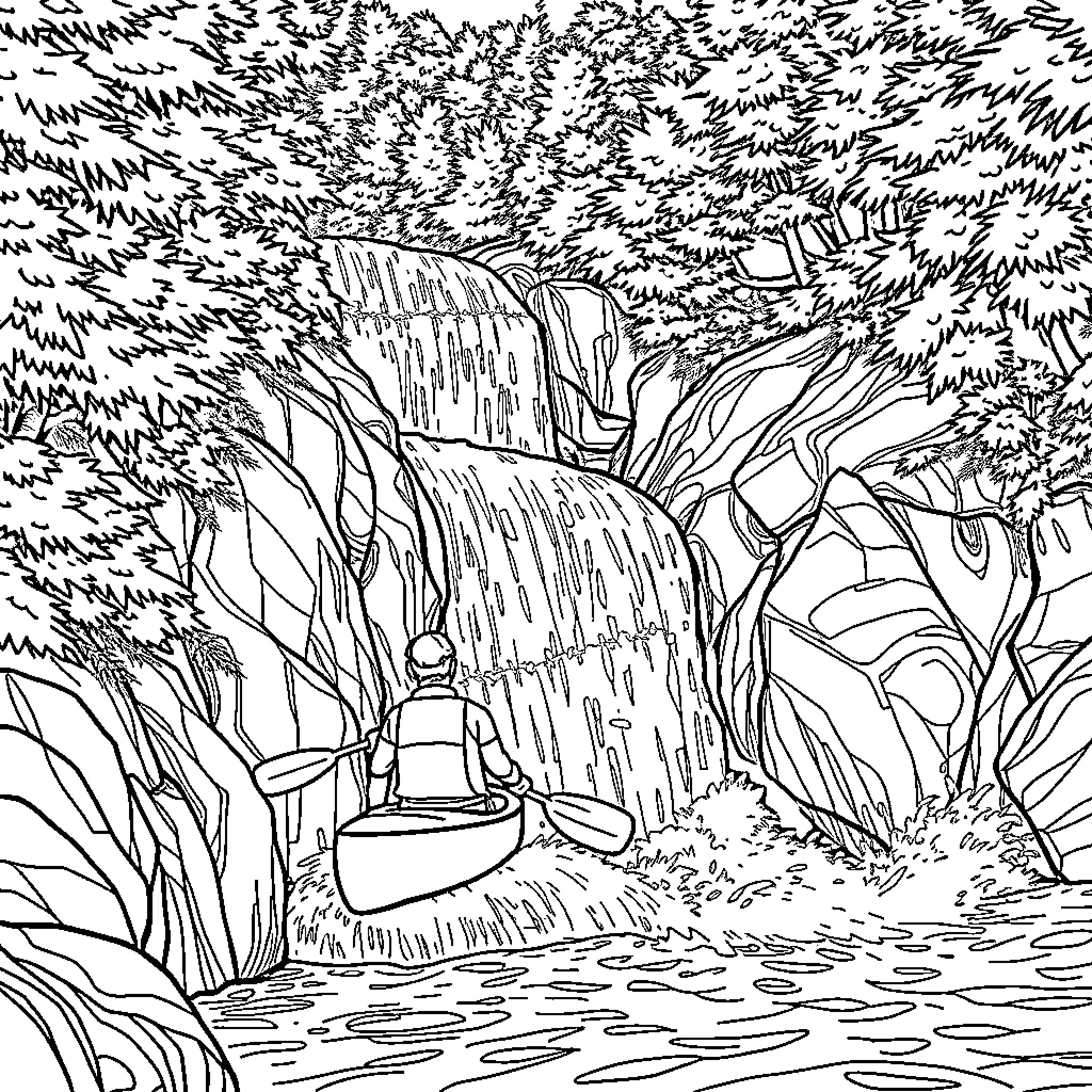 Kayaker navigating a rushing waterfall in the wilderness Coloring Page (free black-and-white line drawing printable PDF for all, from beginners to advanced learners, including children, teens, adults, and seniors)