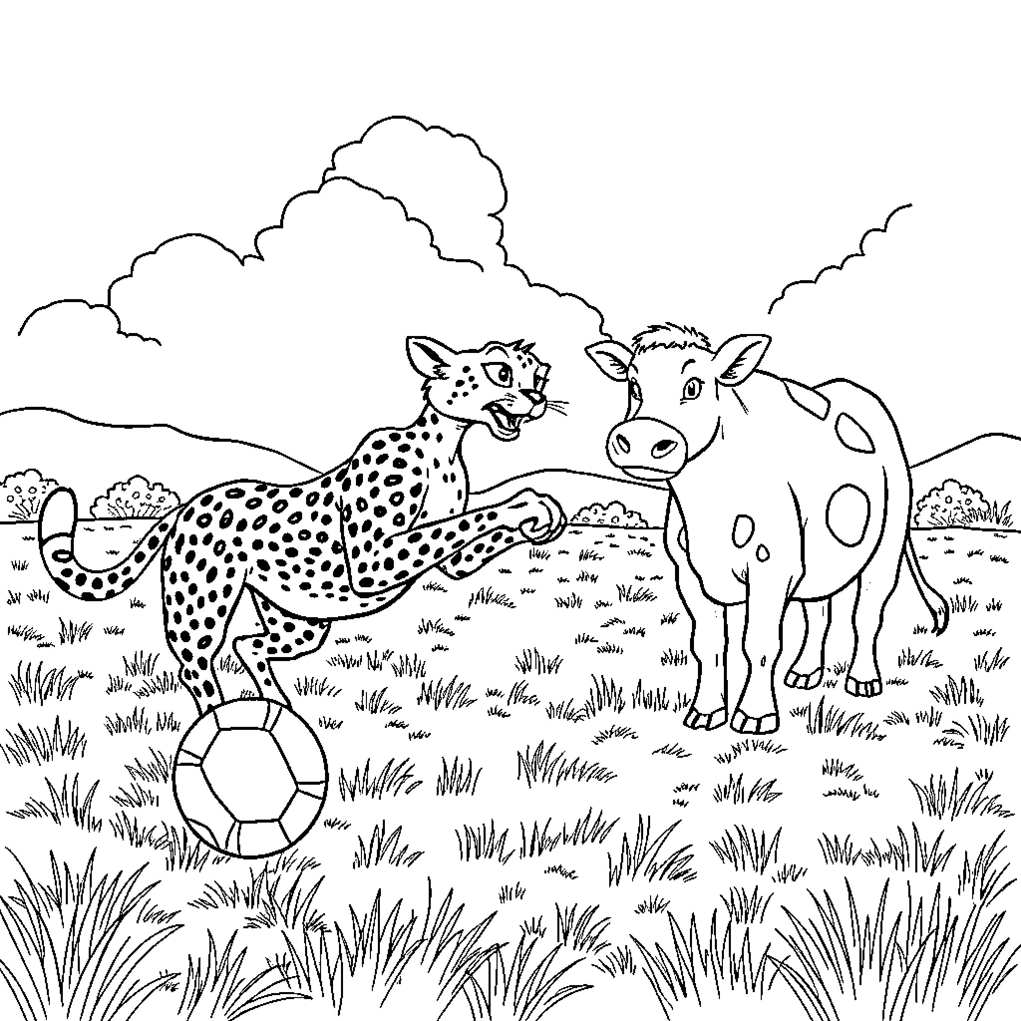 Cheetah and cow playing with ball in the field Coloring Page (free black-and-white line drawing printable PDF for all, from beginners to advanced learners, including children, teens, adults, and seniors)