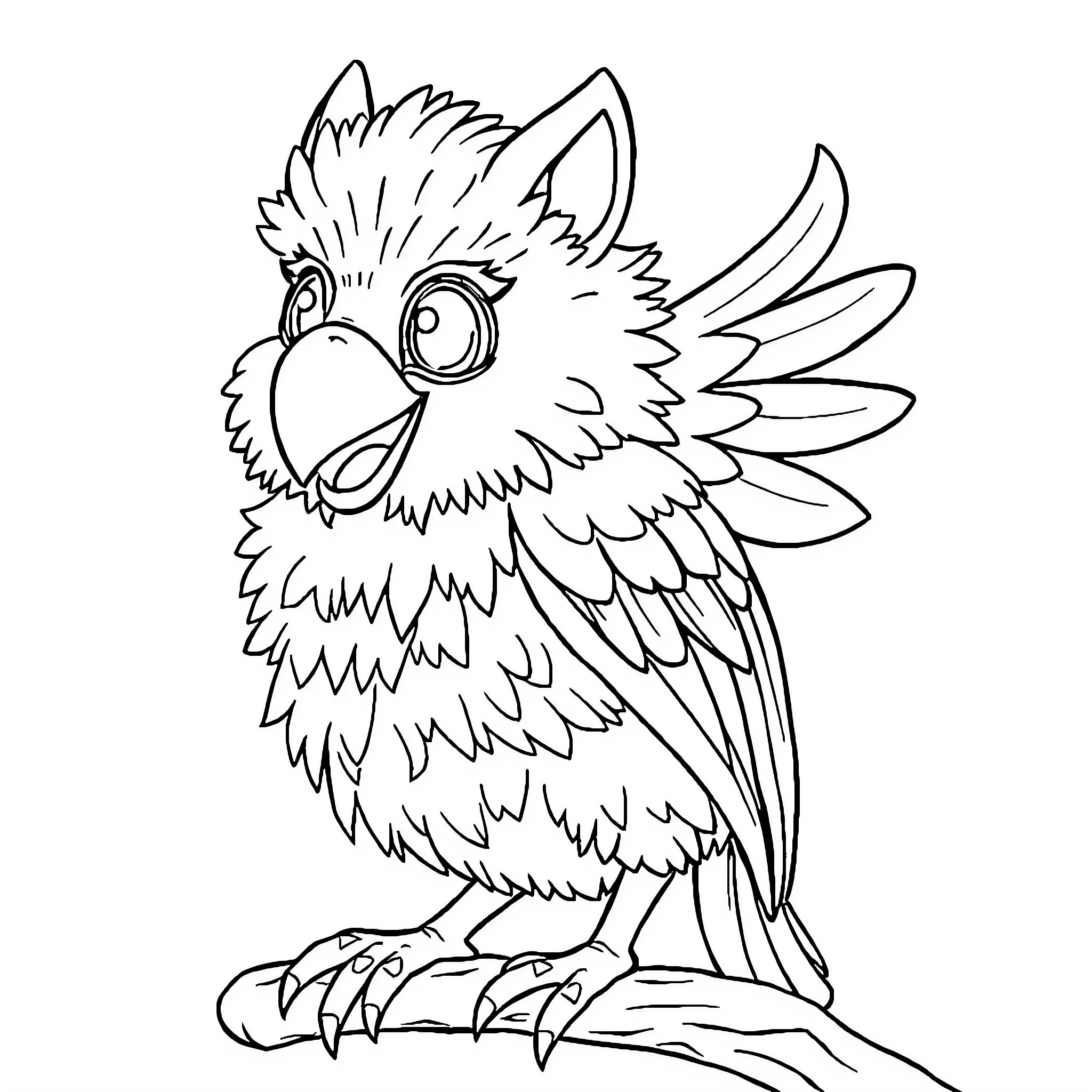 Dog-like bird with expressive eyes Coloring Page (free black-and-white line drawing printable PDF for all, from beginners to advanced learners, including children, teens, adults, and seniors)
