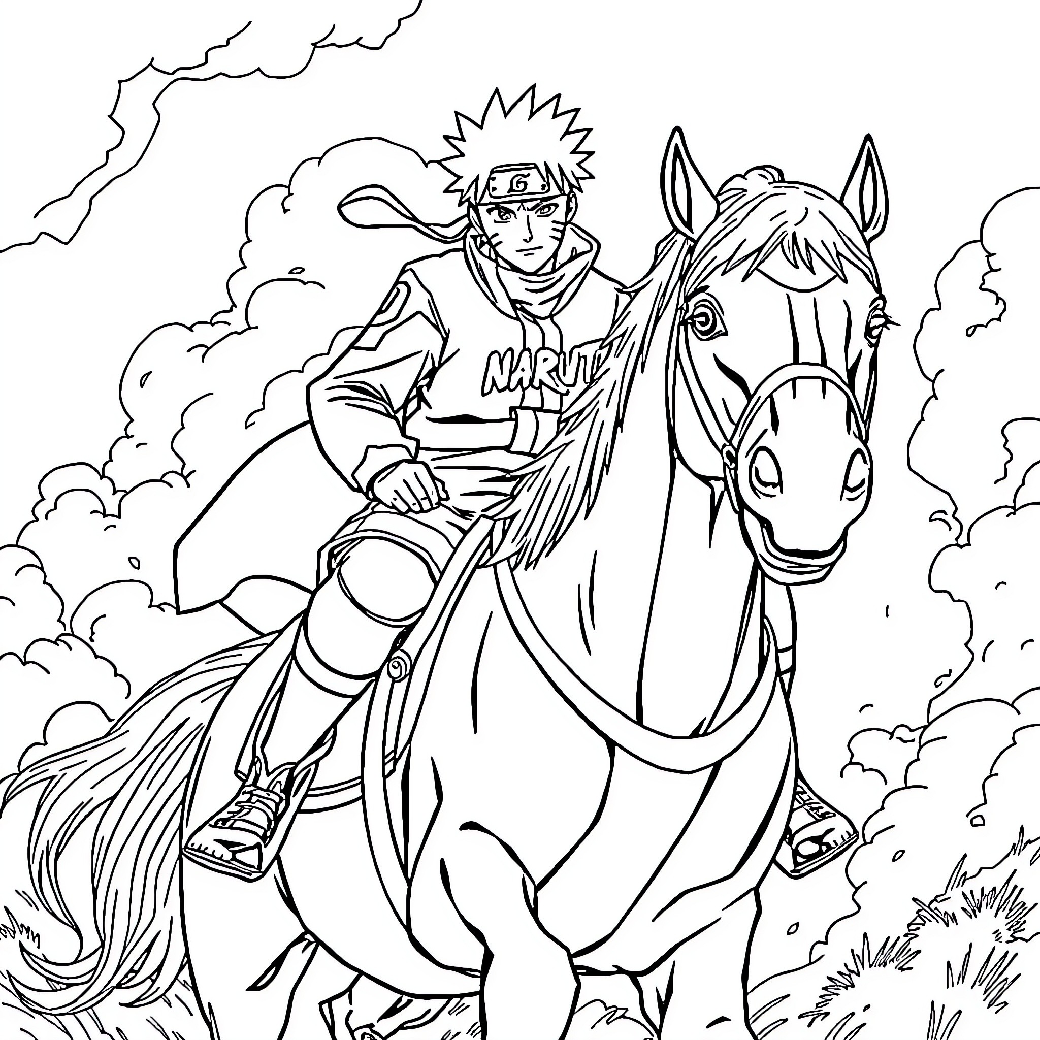 Naruto riding a horse through a dramatic landscape Coloring Page (free black-and-white line drawing printable PDF for all, from beginners to advanced learners, including children, teens, adults, and seniors)