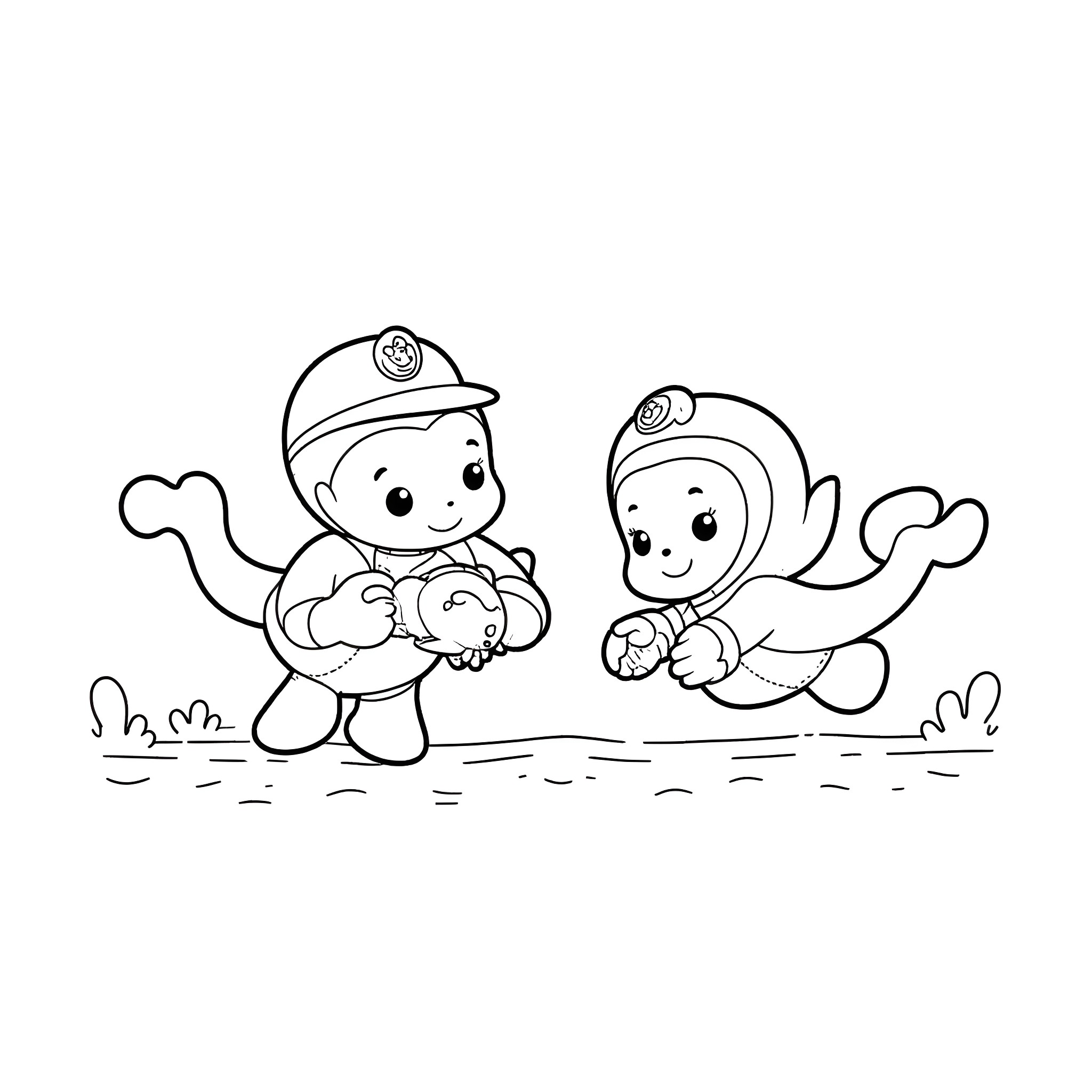 Bluey friends playing happily together Coloring Page (free black-and-white line drawing printable PDF for all, from beginners to advanced learners, including children, teens, adults, and seniors)