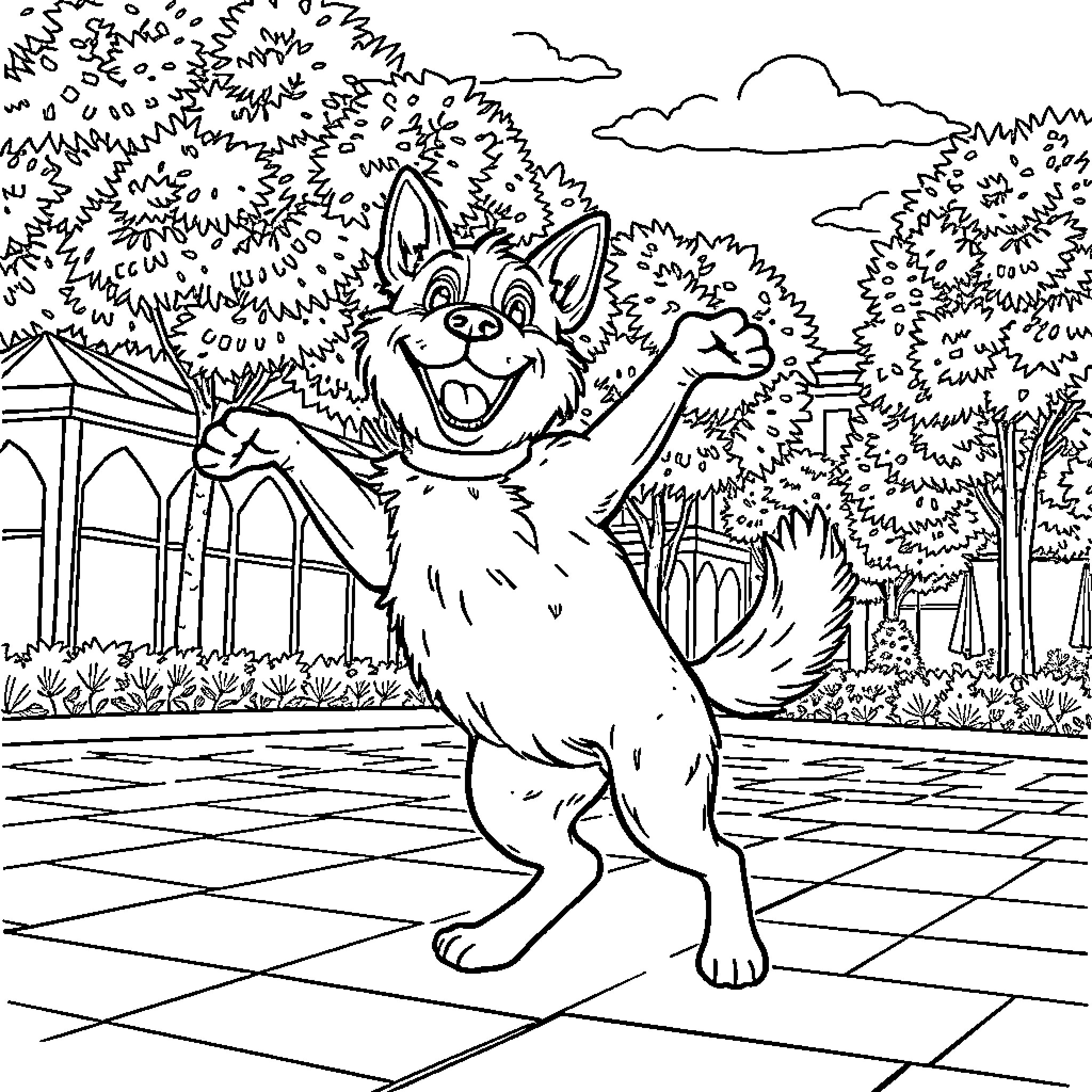 Perro playing joyfully in the garden Coloring Page (free black-and-white line drawing printable PDF for all, from beginners to advanced learners, including children, teens, adults, and seniors)