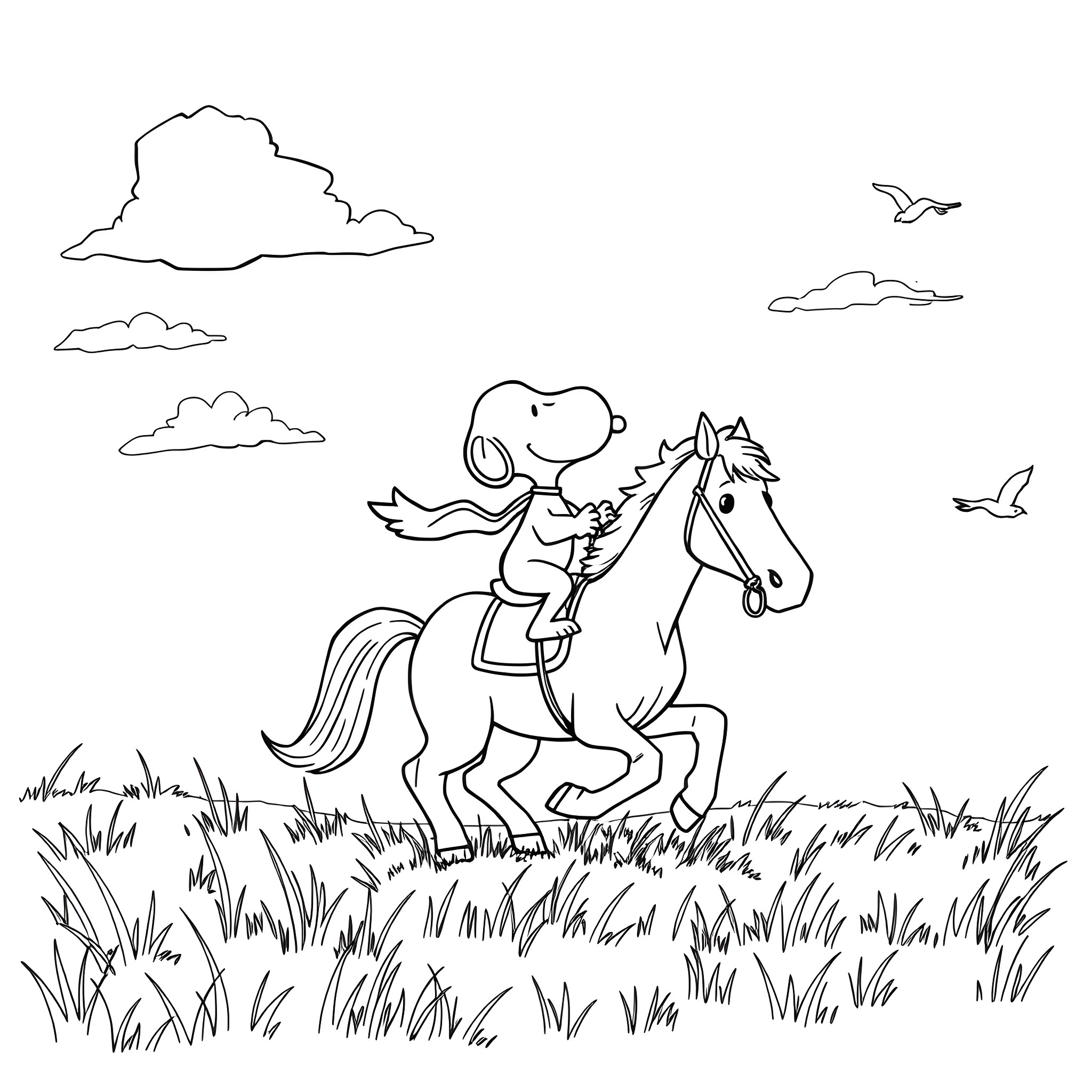 Snoopy riding happily on his horse through the countryside Coloring Page (free black-and-white line drawing printable PDF for all, from beginners to advanced learners, including children, teens, adults, and seniors)