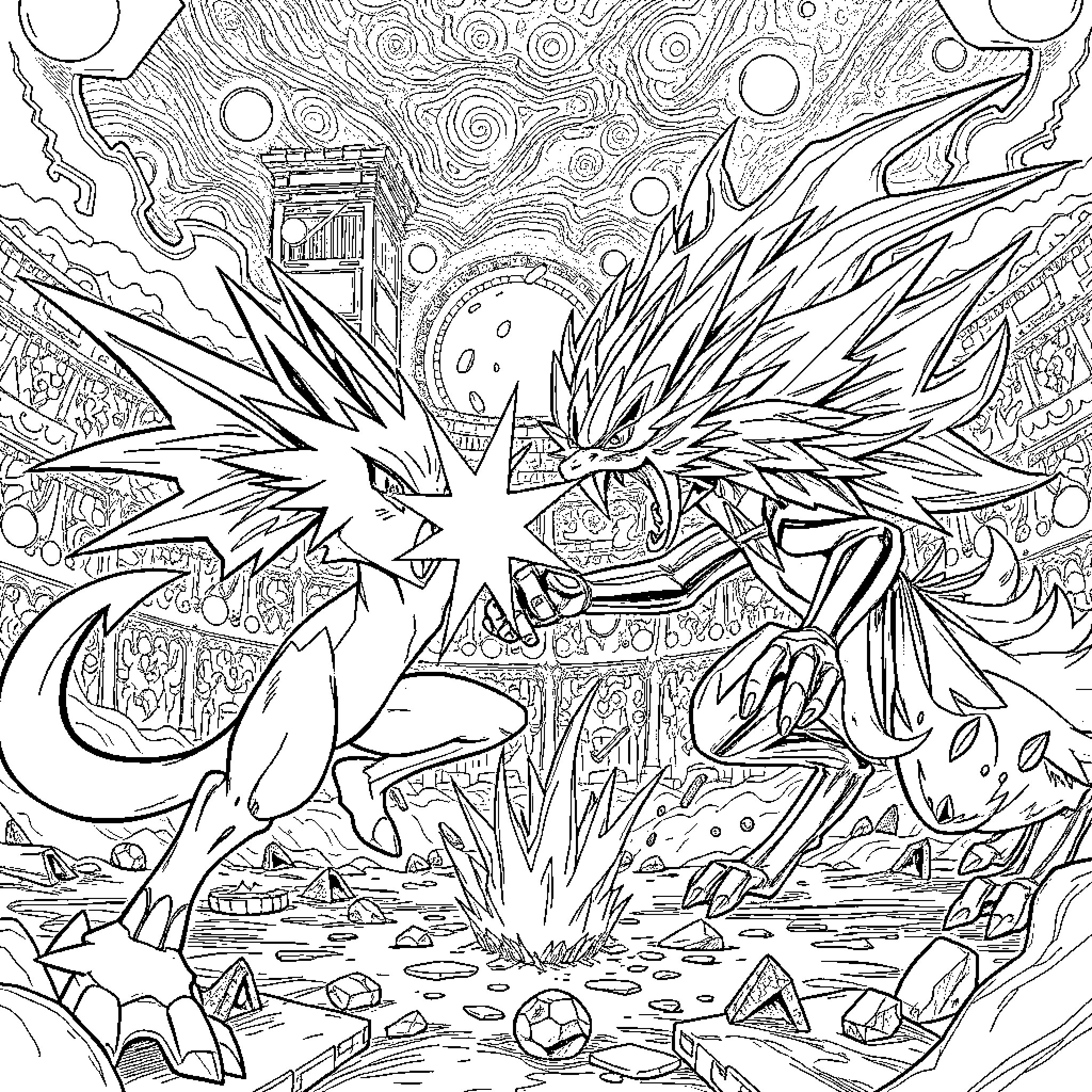 Luxray's Electrifying Encounter Coloring Page (free black-and-white line drawing printable PDF for all, from beginners to advanced learners, including children, teens, adults, and seniors)
