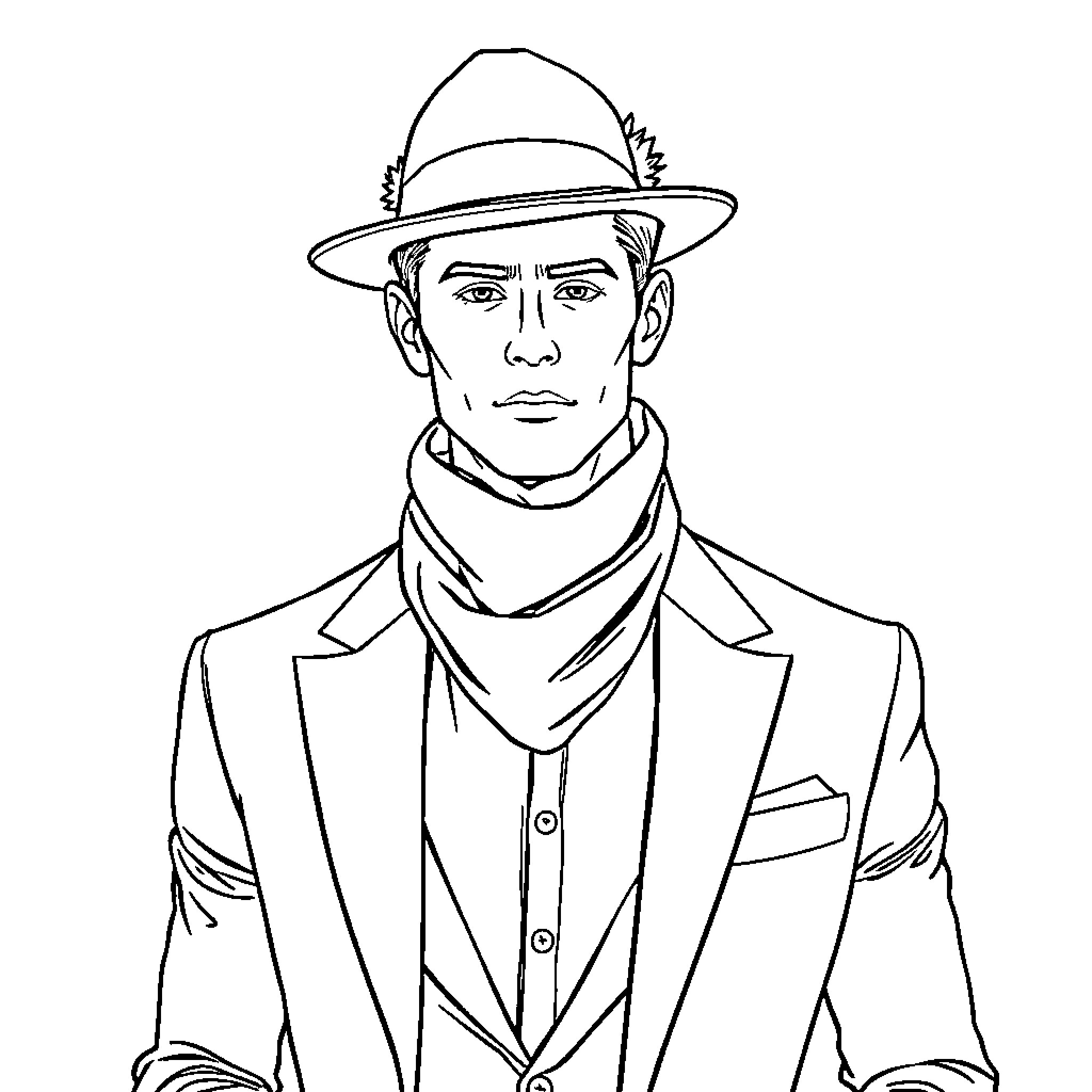 Man in stylish outfit with hat and scarf Coloring Page (free black-and-white line drawing printable PDF for all, from beginners to advanced learners, including children, teens, adults, and seniors)
