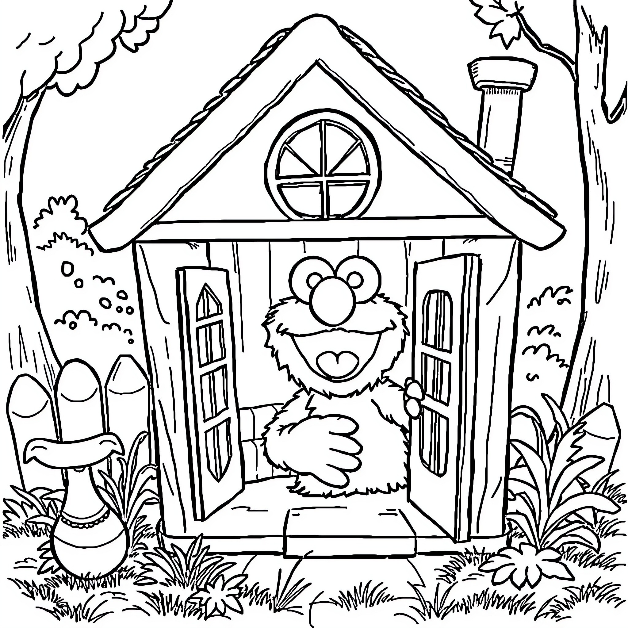 Gabby Dollhouse - Furry friend in a cozy cottage Coloring Page (free black-and-white line drawing printable PDF for all, from beginners to advanced learners, including children, teens, adults, and seniors)