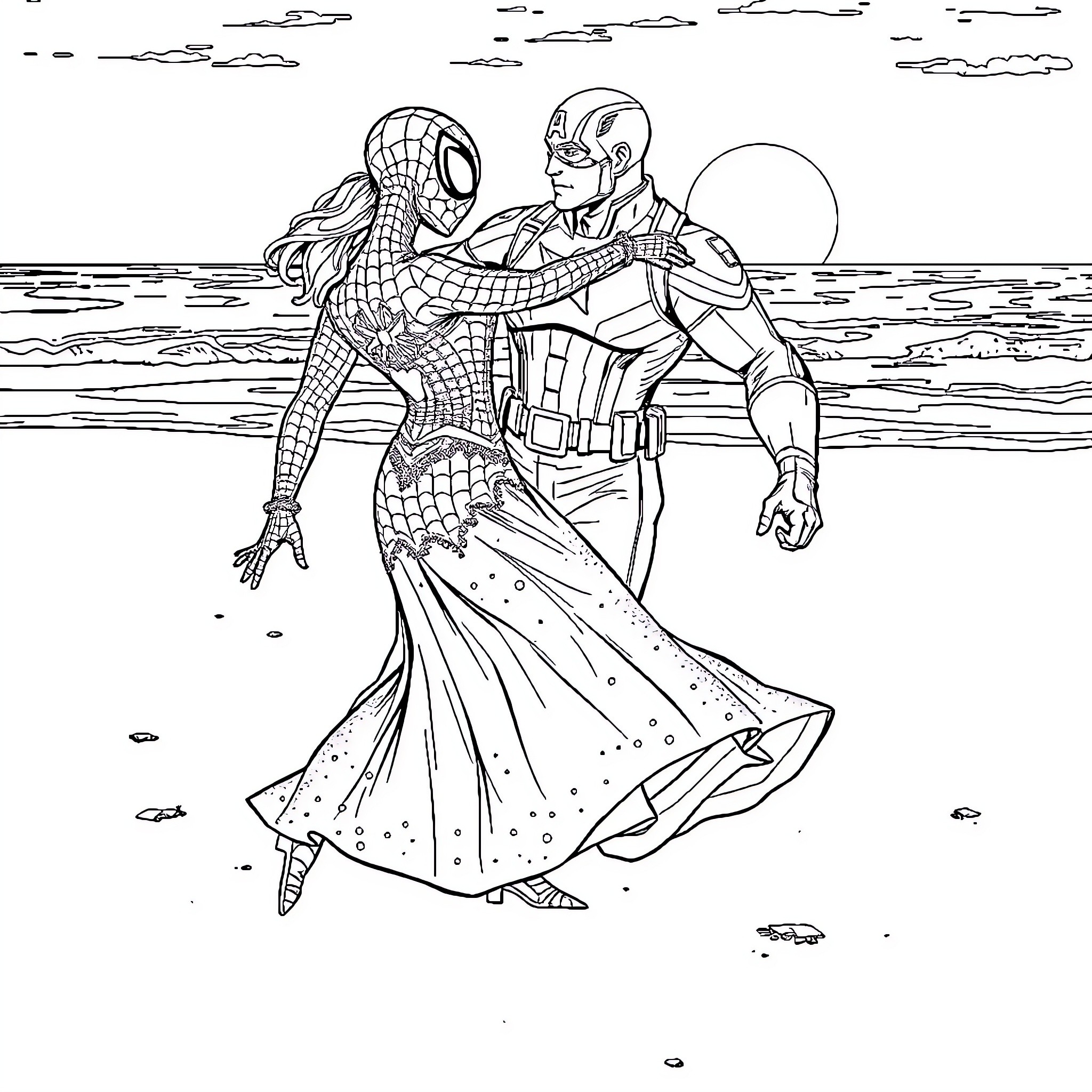 Spiderman and S.H.I.E.L.D. agent dancing on the beach Coloring Page (free black-and-white line drawing printable PDF for all, from beginners to advanced learners, including children, teens, adults, and seniors)