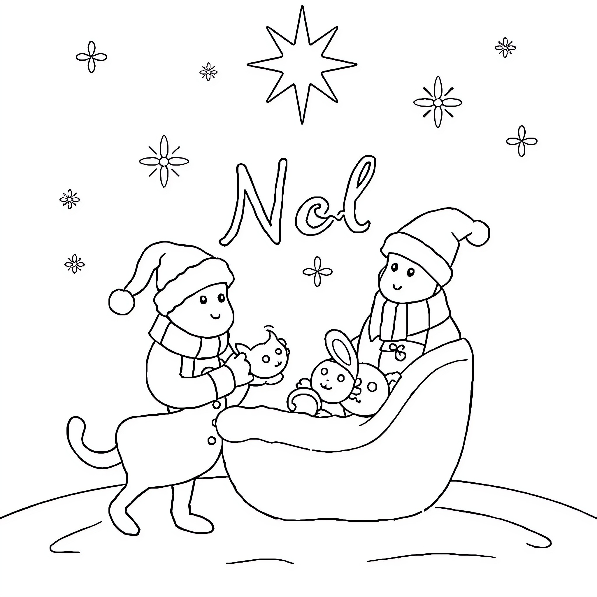 Christmas Card with Snowman Family and Pets Coloring Page (free black-and-white line drawing printable PDF for all, from beginners to advanced learners, including children, teens, adults, and seniors)