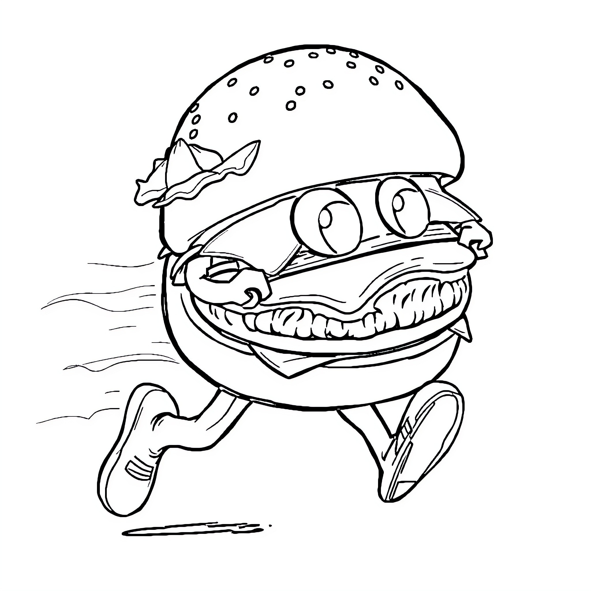 Hamburger character running and smiling Coloring Page (free black-and-white line drawing printable PDF for all, from beginners to advanced learners, including children, teens, adults, and seniors)