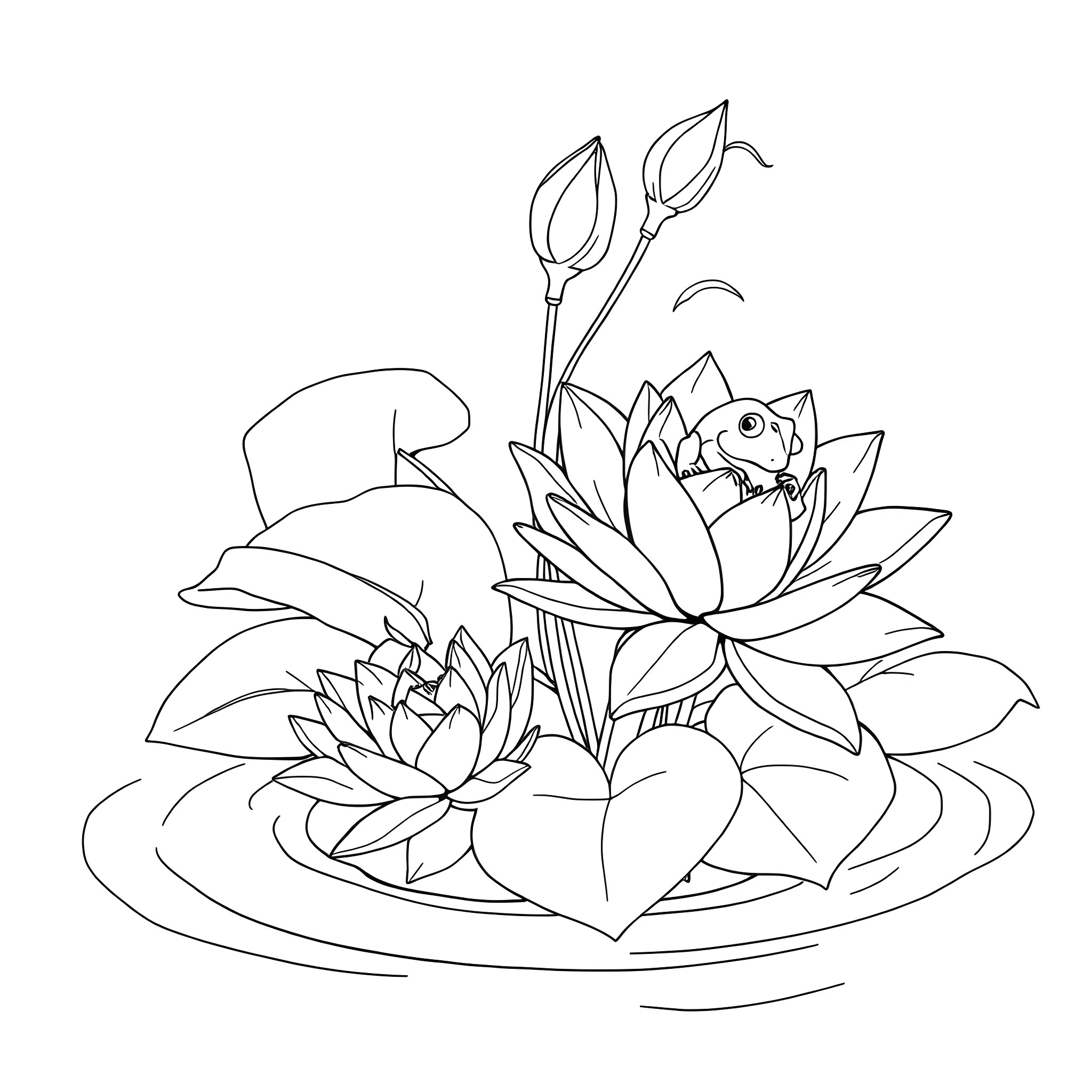 Tiana's Tranquil Lotus Pond Coloring Page (free black-and-white line drawing printable PDF for all, from beginners to advanced learners, including children, teens, adults, and seniors)