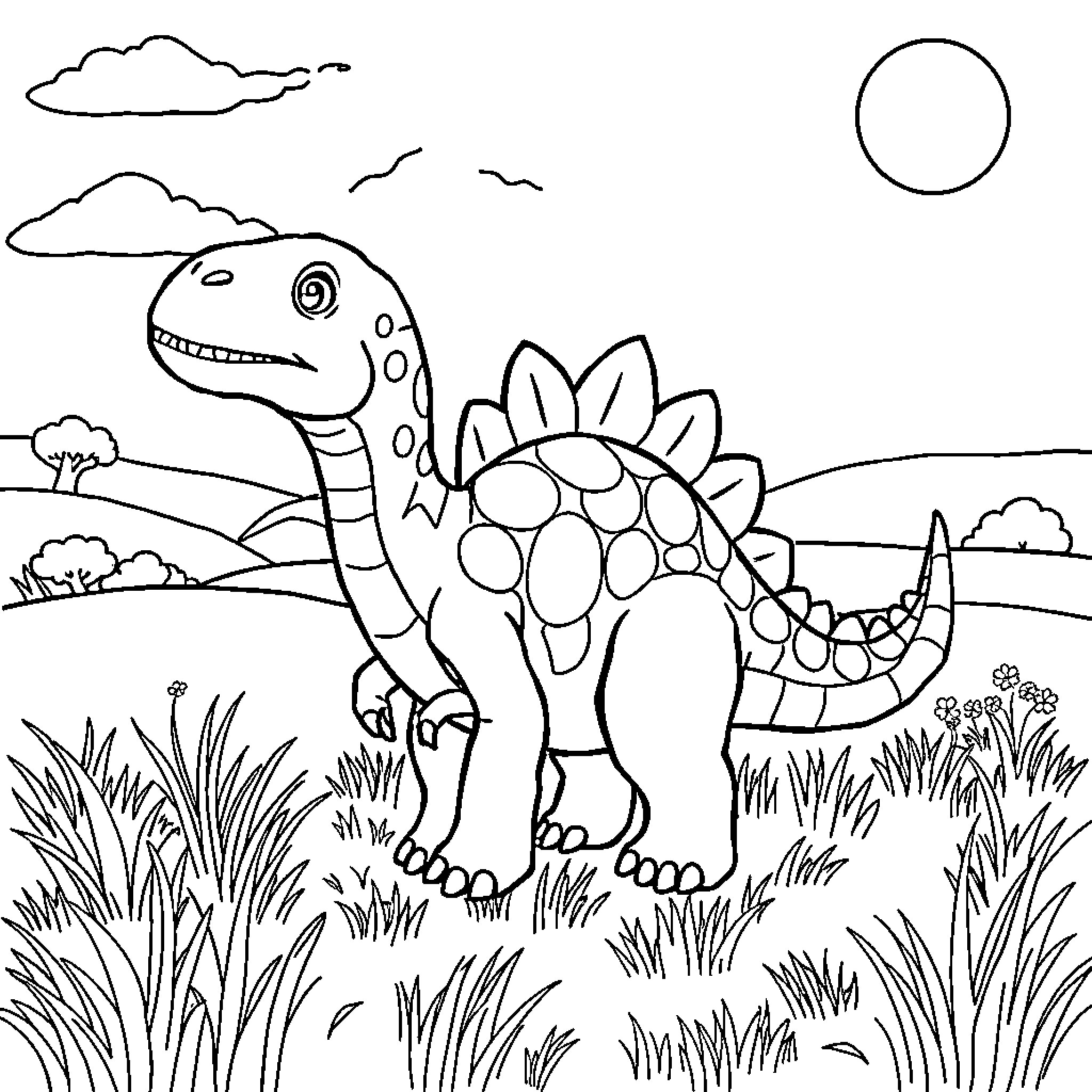 Dino happily exploring the lush landscape Coloring Page (free black-and-white line drawing printable PDF for all, from beginners to advanced learners, including children, teens, adults, and seniors)