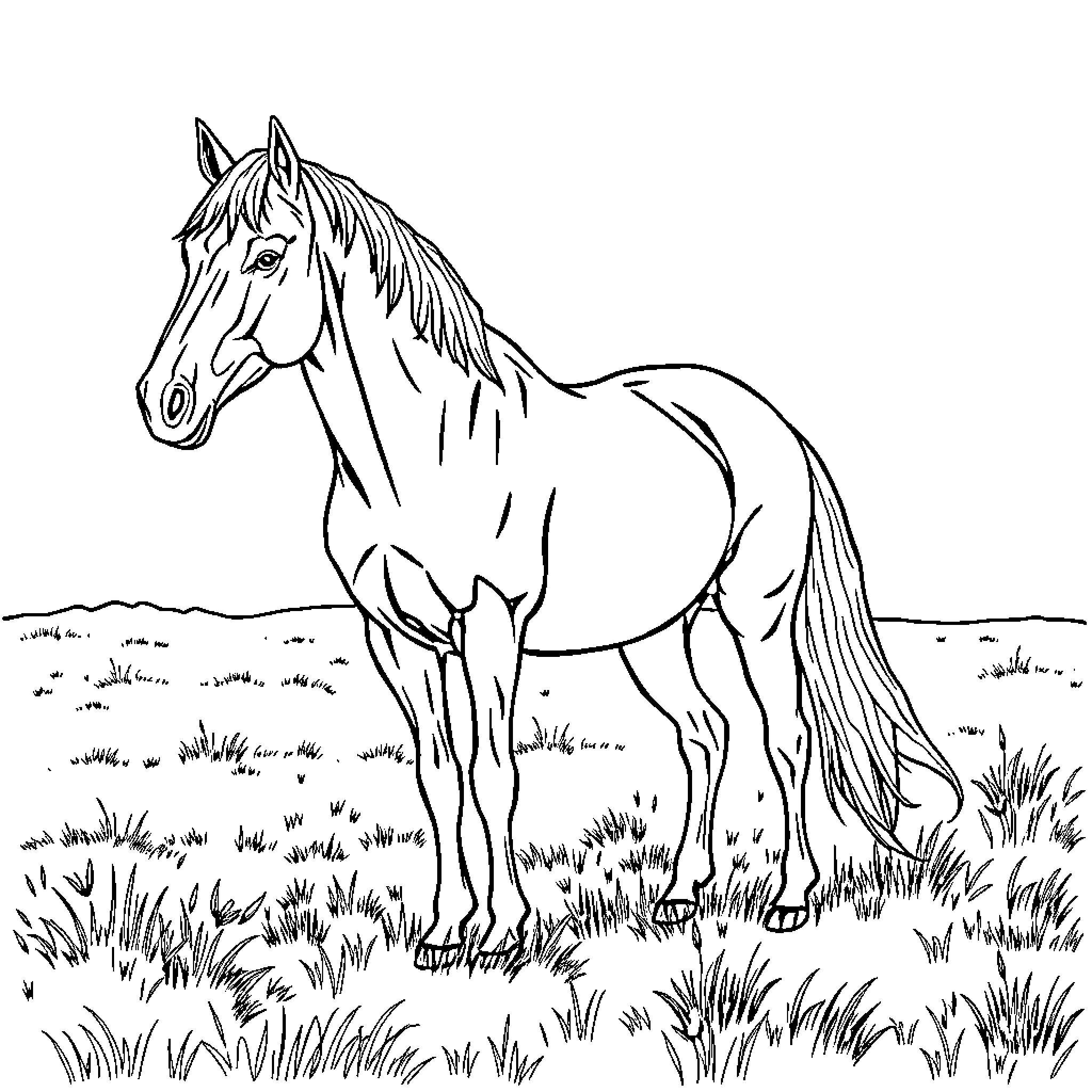 Horse standing gracefully in a grassy field Coloring Page (free black-and-white line drawing printable PDF for all, from beginners to advanced learners, including children, teens, adults, and seniors)