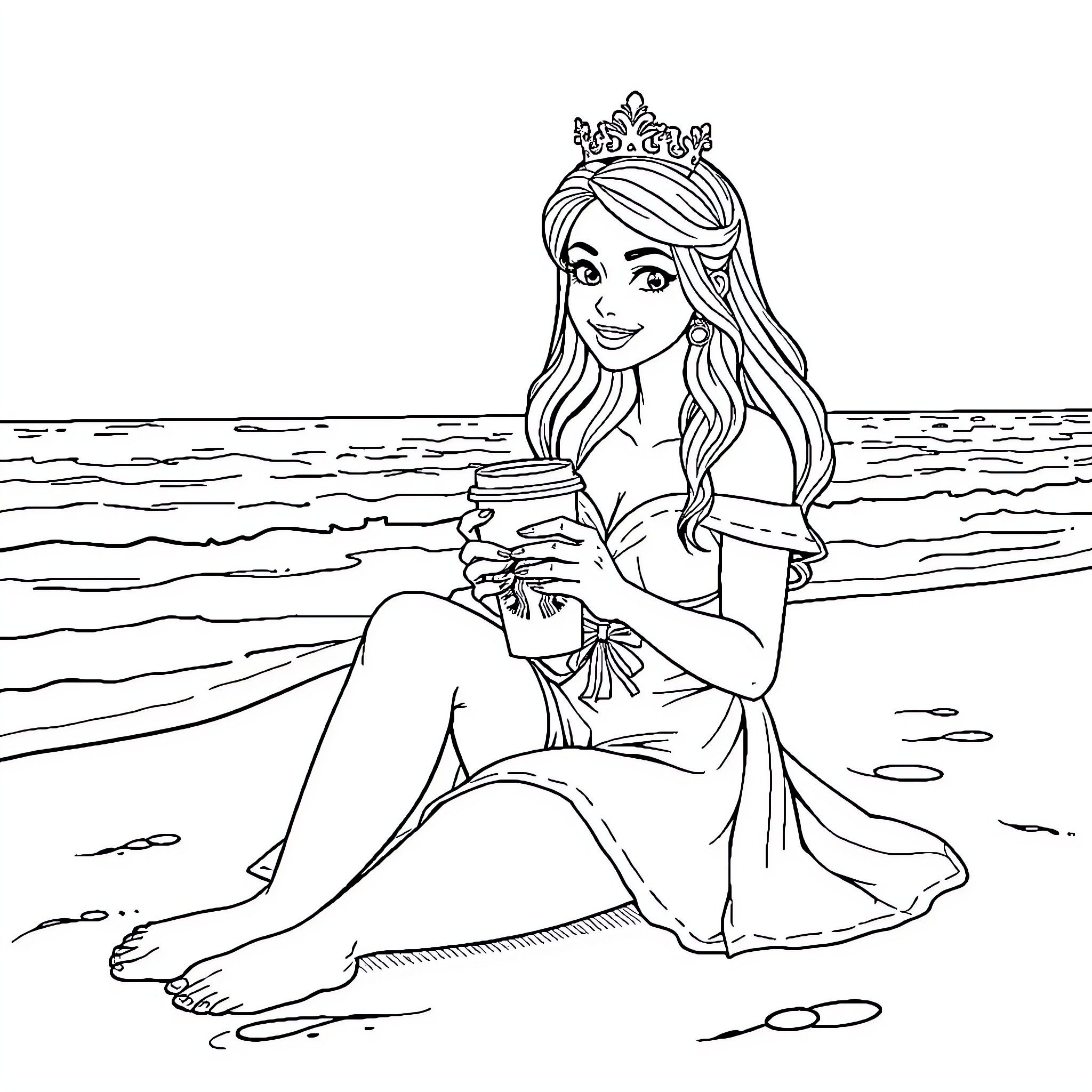 Princess relaxing by the sea with a drink Coloring Page (free black-and-white line drawing printable PDF for all, from beginners to advanced learners, including children, teens, adults, and seniors)