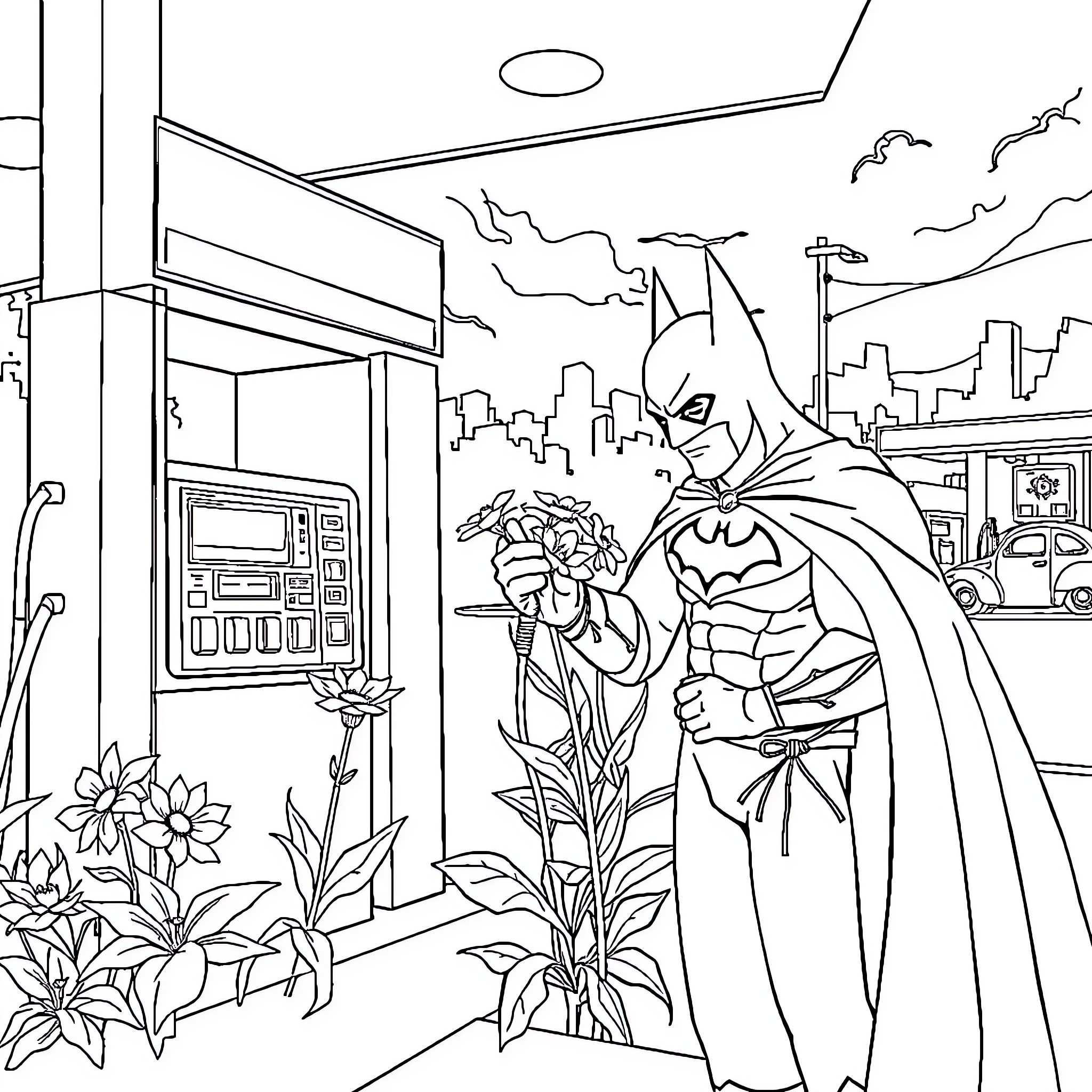 Batman Confronting a Villain in the City Coloring Page (free black-and-white line drawing printable PDF for all, from beginners to advanced learners, including children, teens, adults, and seniors)