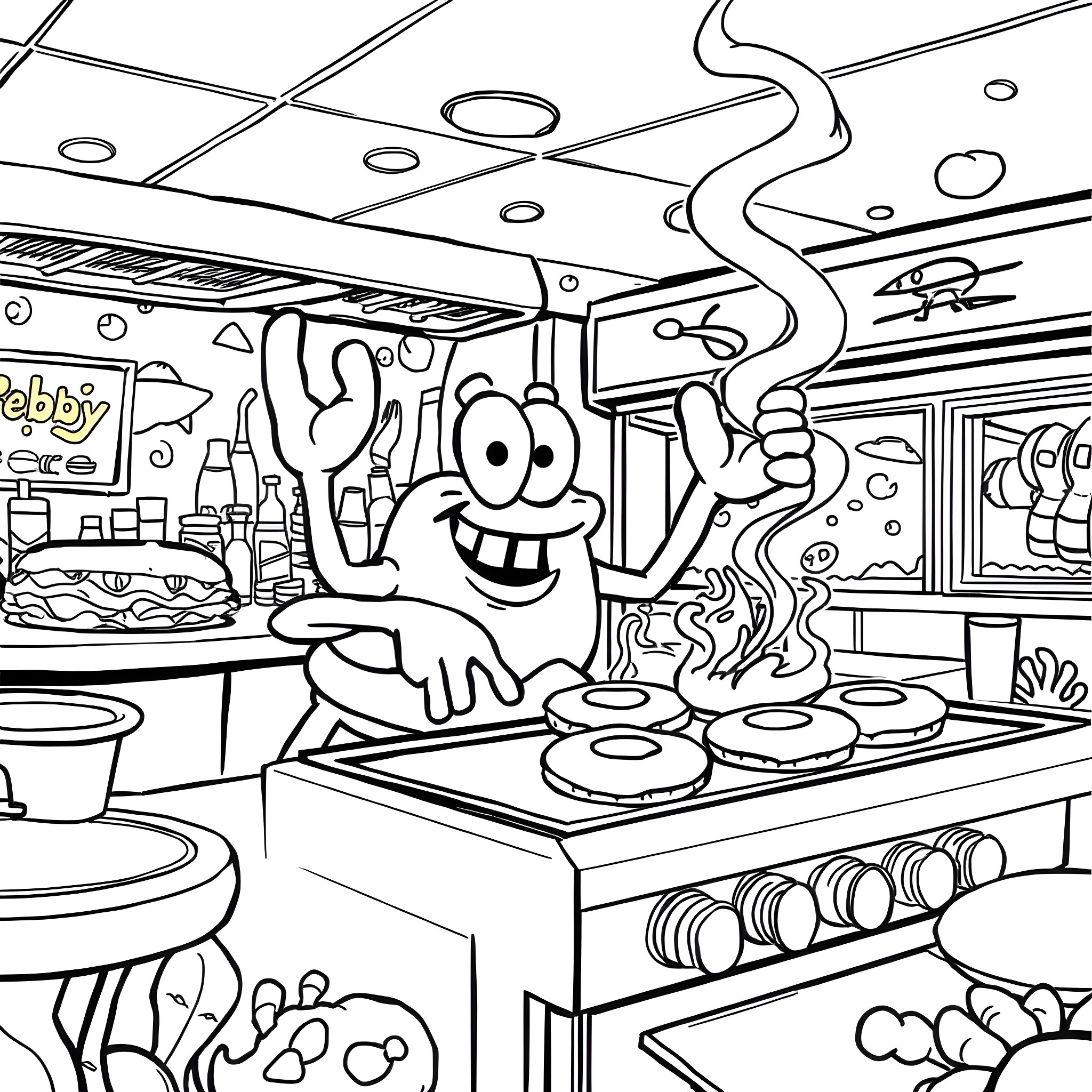 Mr. Krabs Cooking up a Storm in the Krusty Krab Kitchen Coloring Page (free black-and-white line drawing printable PDF for all, from beginners to advanced learners, including children, teens, adults, and seniors)