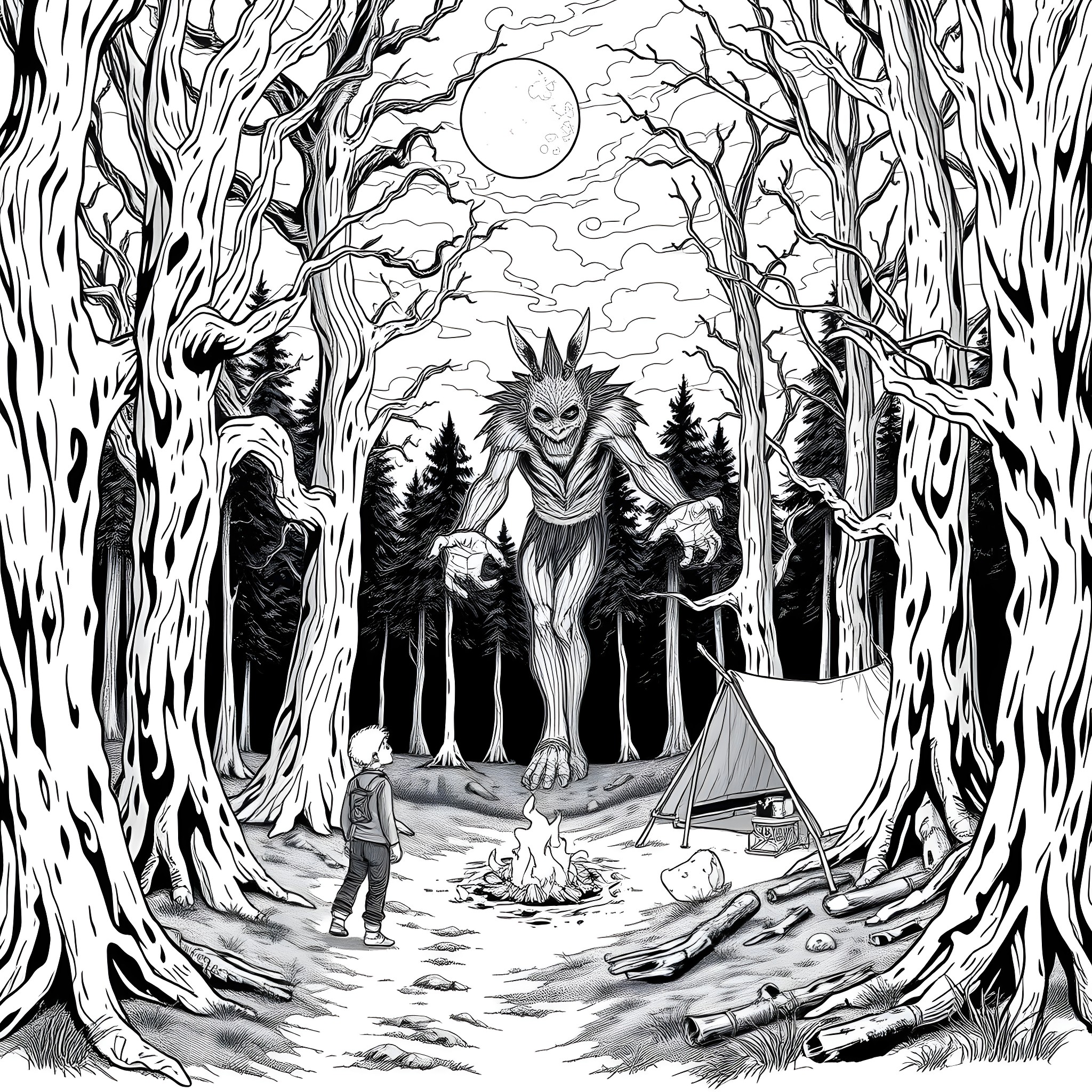Camper encounters mysterious forest spirit in the woods Coloring Page (free black-and-white line drawing printable PDF for all, from beginners to advanced learners, including children, teens, adults, and seniors)