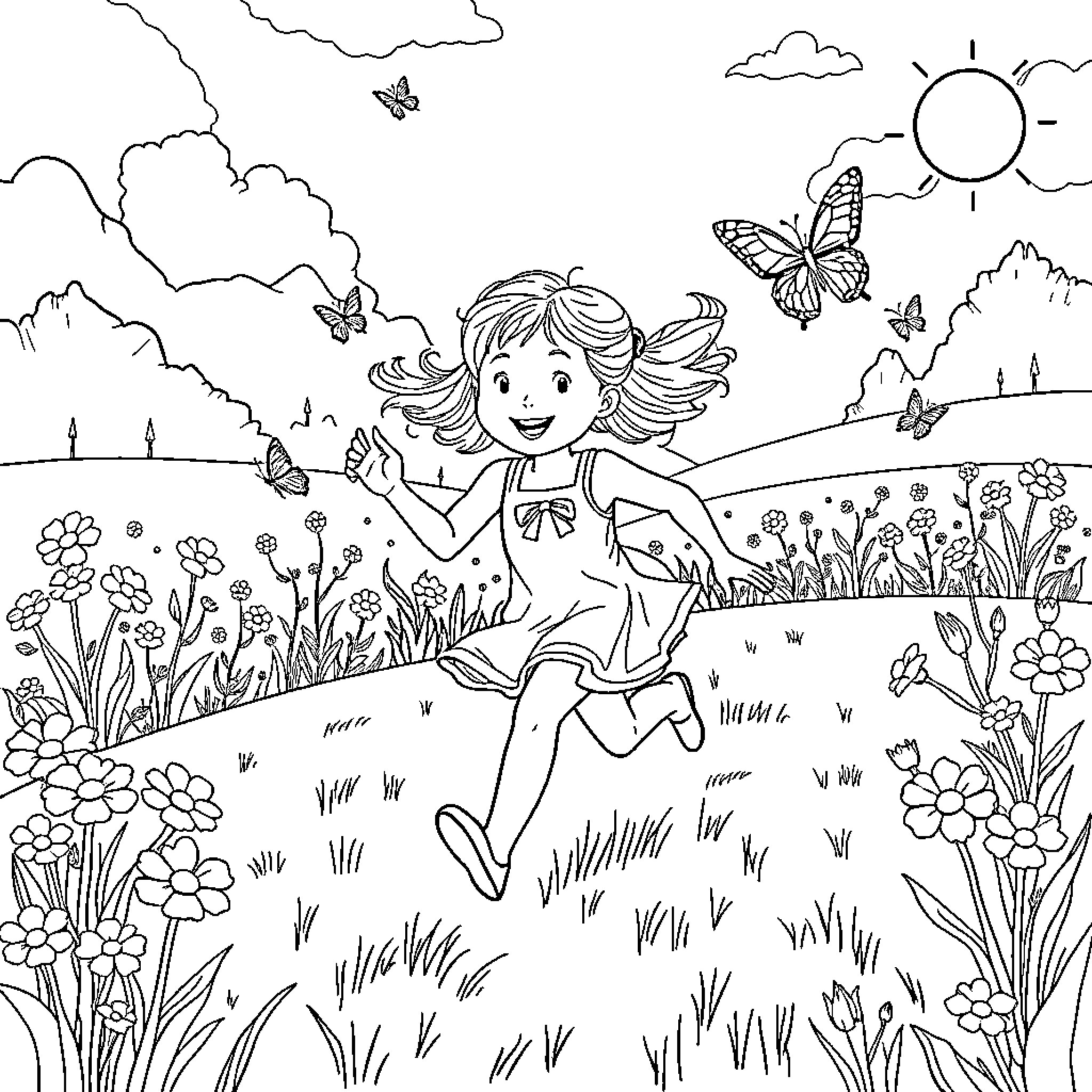Girl chasing butterflies in a flowery meadow Coloring Page (free black-and-white line drawing printable PDF for all, from beginners to advanced learners, including children, teens, adults, and seniors)