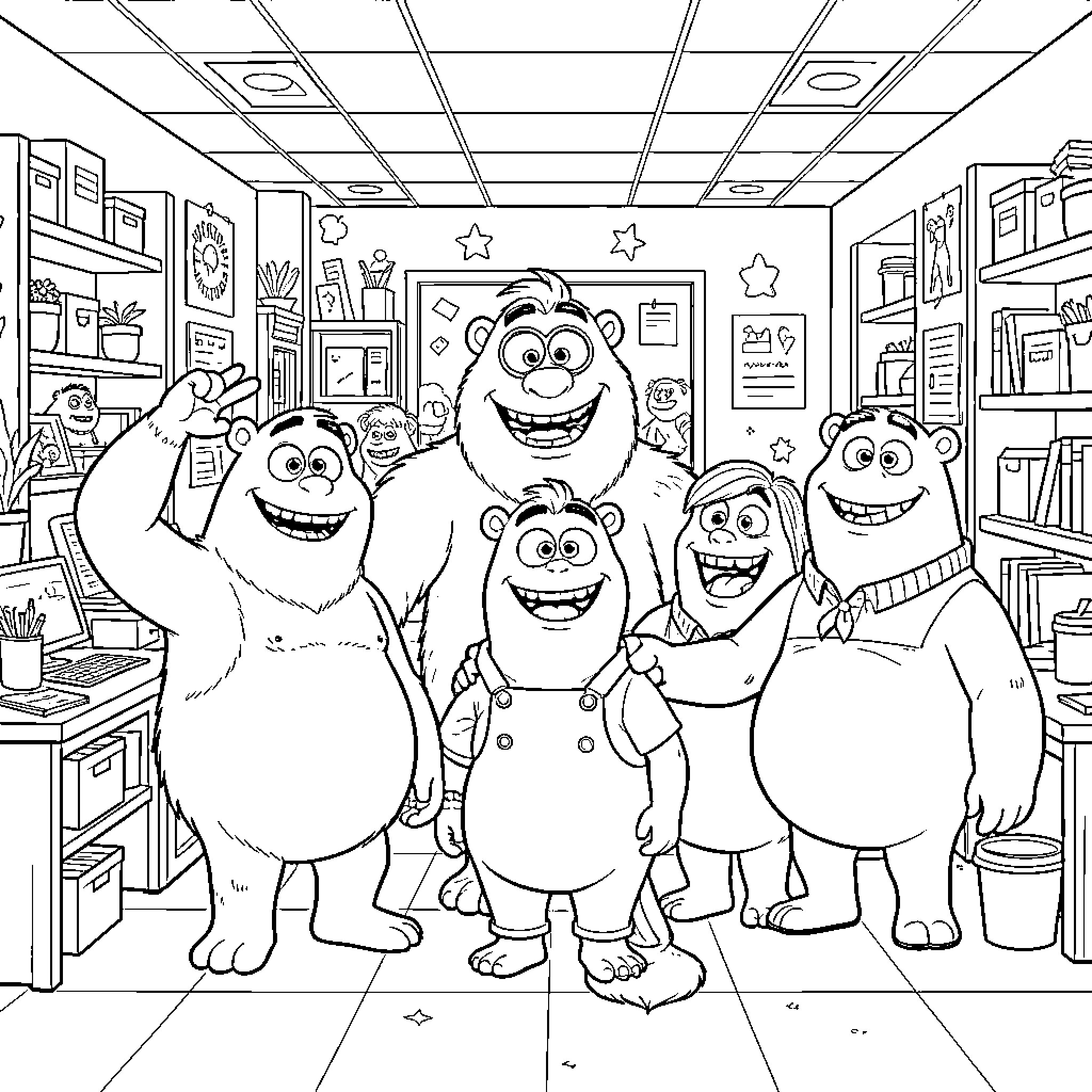 Monster characters posing together in a room Coloring Page (free black-and-white line drawing printable PDF for all, from beginners to advanced learners, including children, teens, adults, and seniors)