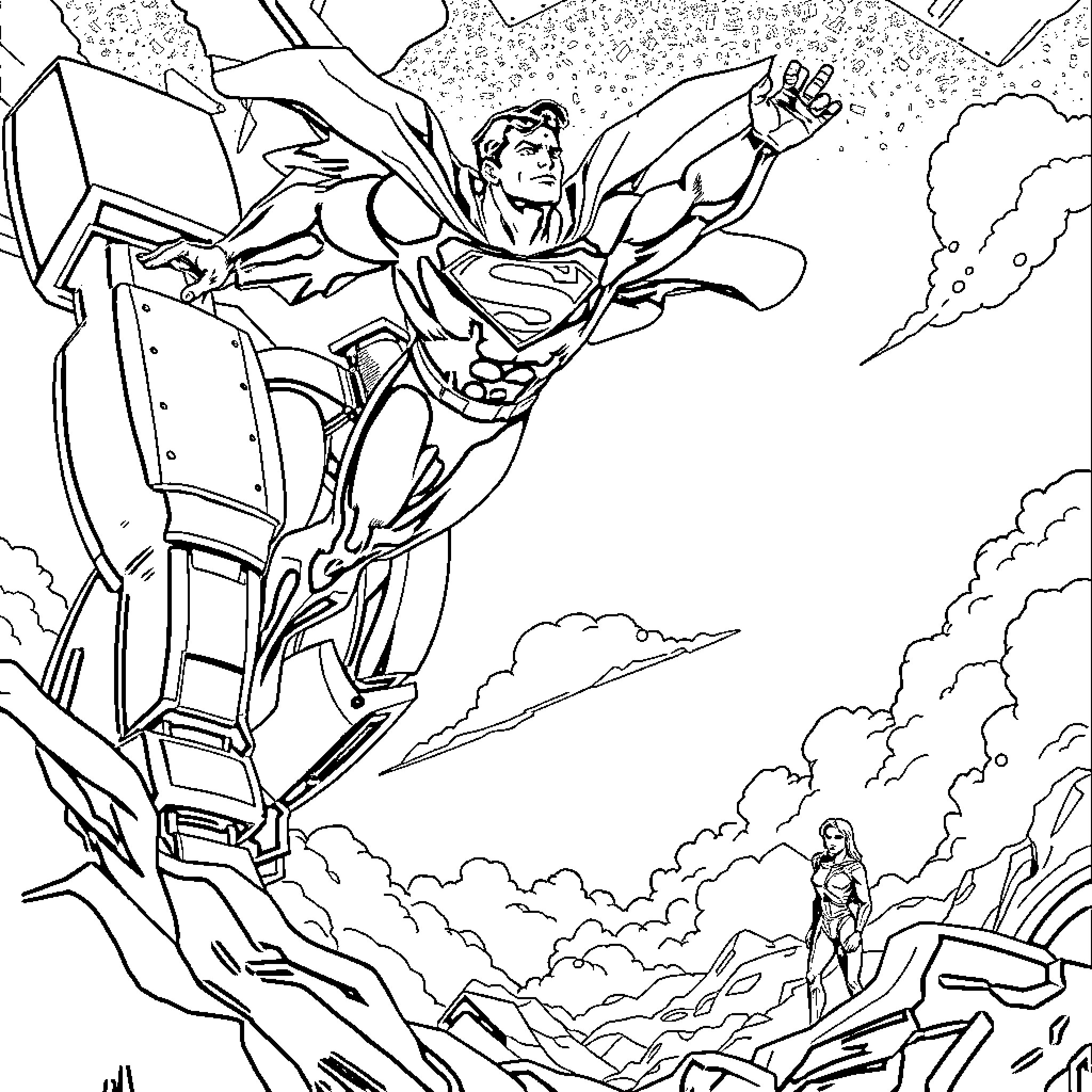 Superman soaring heroically through dramatic landscape Coloring Page (free black-and-white line drawing printable PDF for all, from beginners to advanced learners, including children, teens, adults, and seniors)