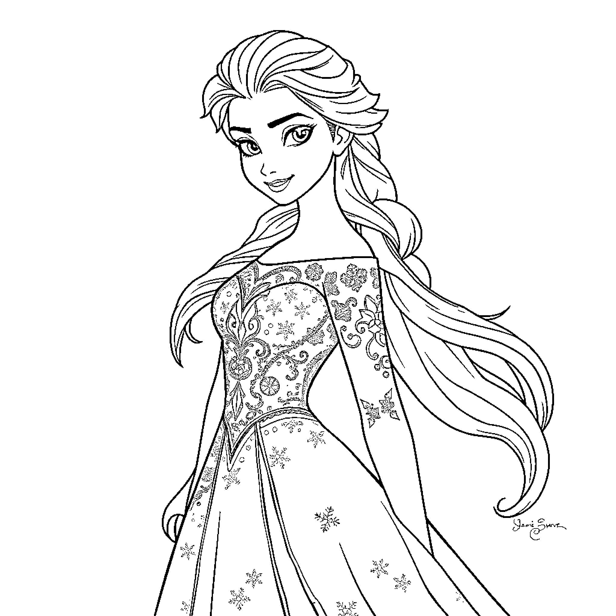 Elsa's Enchanting Snowflake Gown and Radiant Expression Coloring Page (free black-and-white line drawing printable PDF for all, from beginners to advanced learners, including children, teens, adults, and seniors)