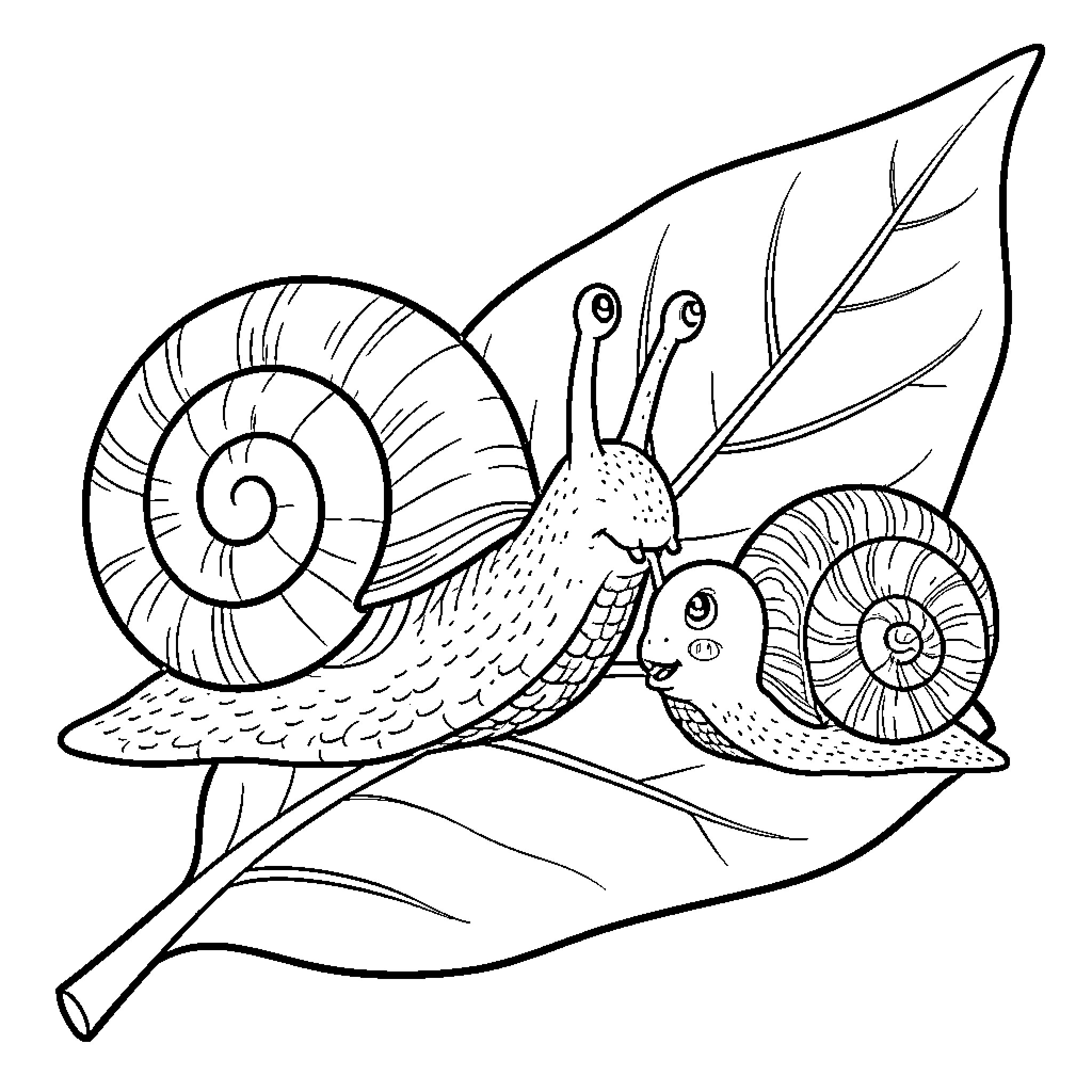 Snail resting peacefully on leaf Coloring Page (free black-and-white line drawing printable PDF for all, from beginners to advanced learners, including children, teens, adults, and seniors)