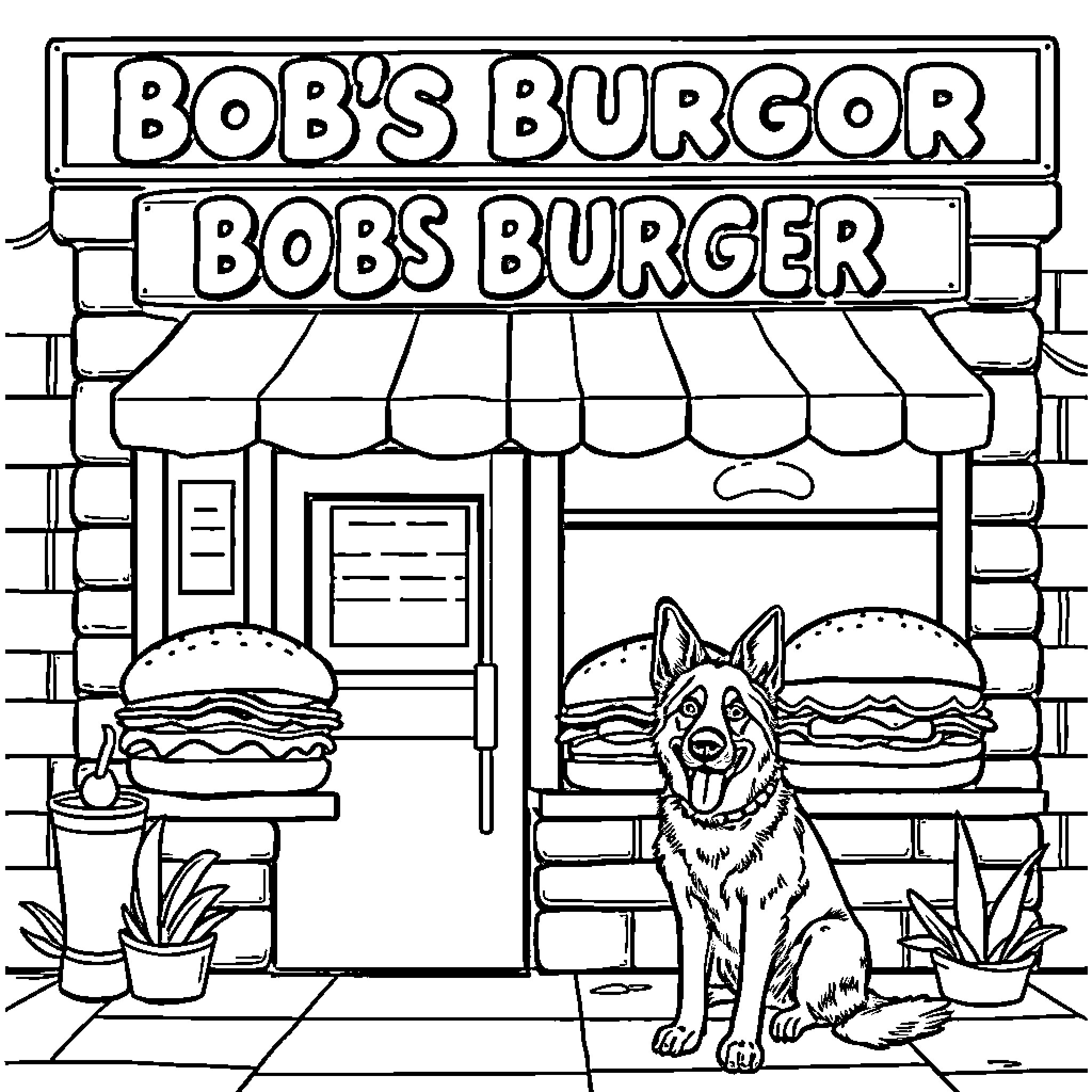 Bob's Burger Joint with Dog Coloring Page (free black-and-white line drawing printable PDF for all, from beginners to advanced learners, including children, teens, adults, and seniors)
