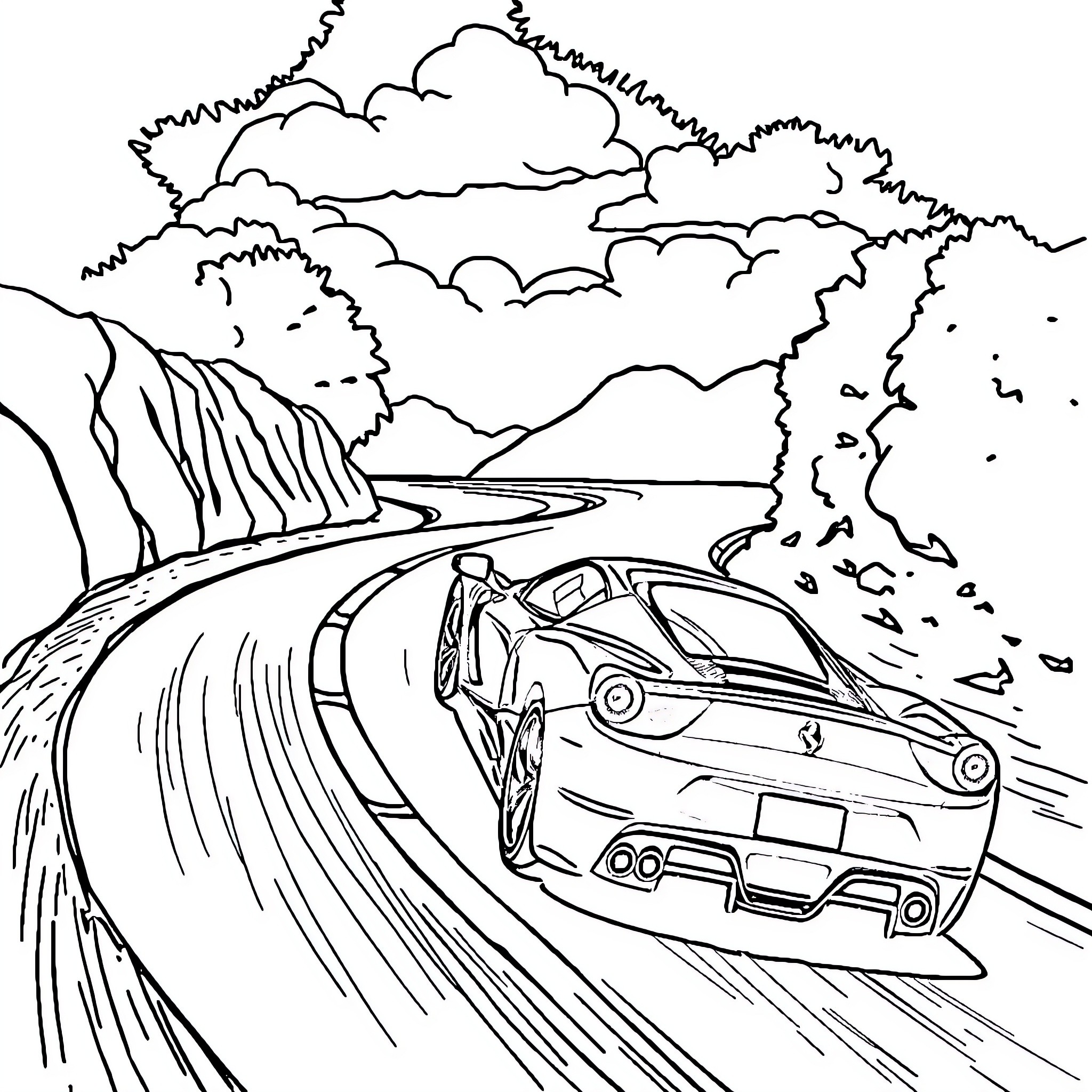 Ferrari racing through winding mountain road Coloring Page (free black-and-white line drawing printable PDF for all, from beginners to advanced learners, including children, teens, adults, and seniors)
