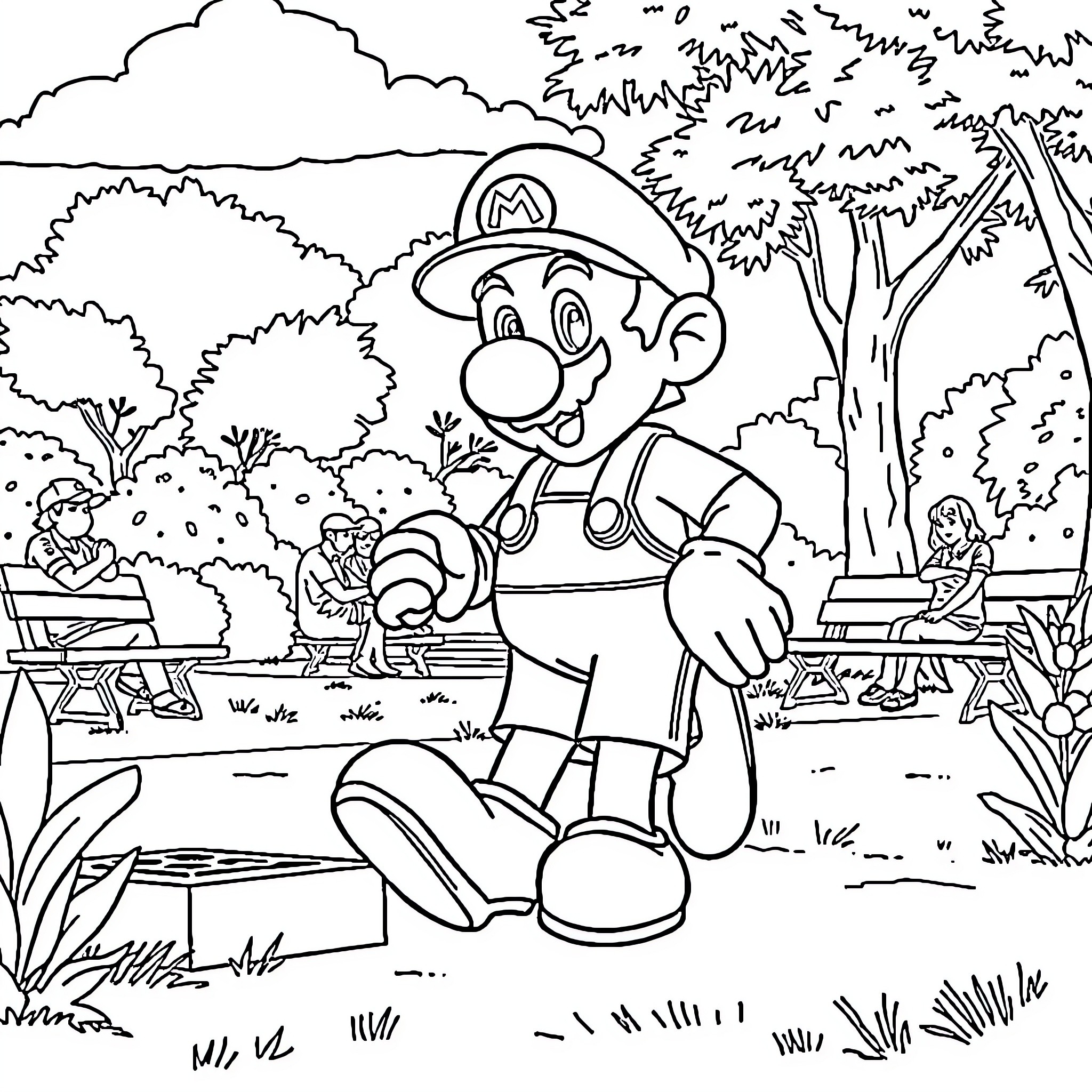 Mario Enjoying a Peaceful Day in the Park Coloring Page (free black-and-white line drawing printable PDF for all, from beginners to advanced learners, including children, teens, adults, and seniors)