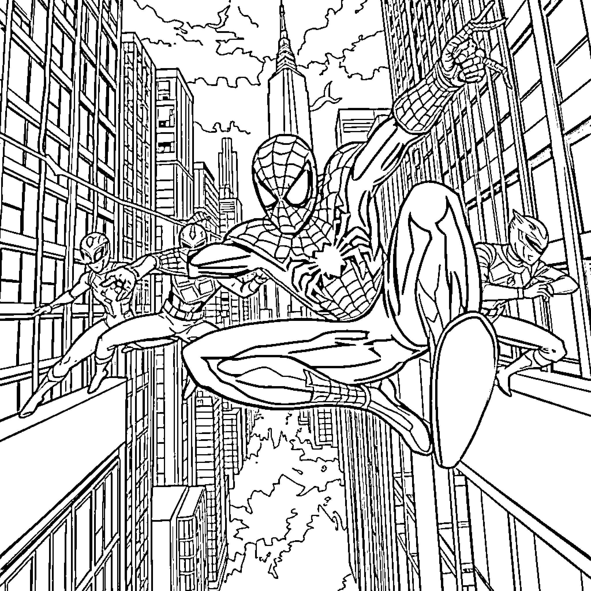 Spiderman swinging through the city skyline Coloring Page (free black-and-white line drawing printable PDF for all, from beginners to advanced learners, including children, teens, adults, and seniors)