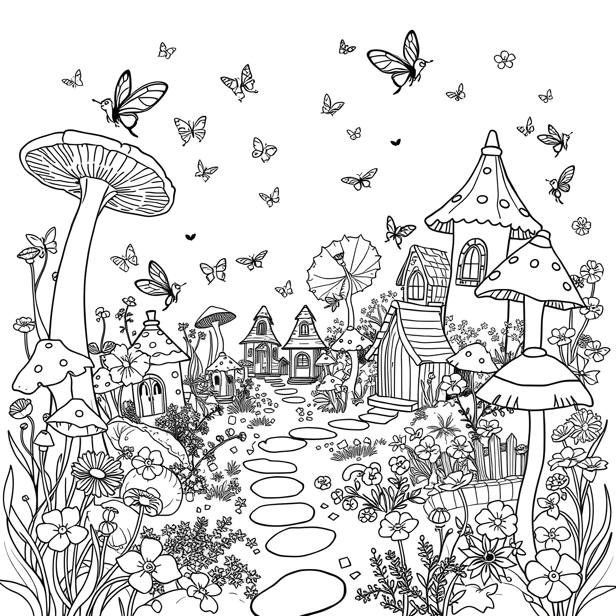 Fairy village and mushroom landscape with butterflies Coloring Page (free black-and-white line drawing printable PDF for all, from beginners to advanced learners, including children, teens, adults, and seniors)