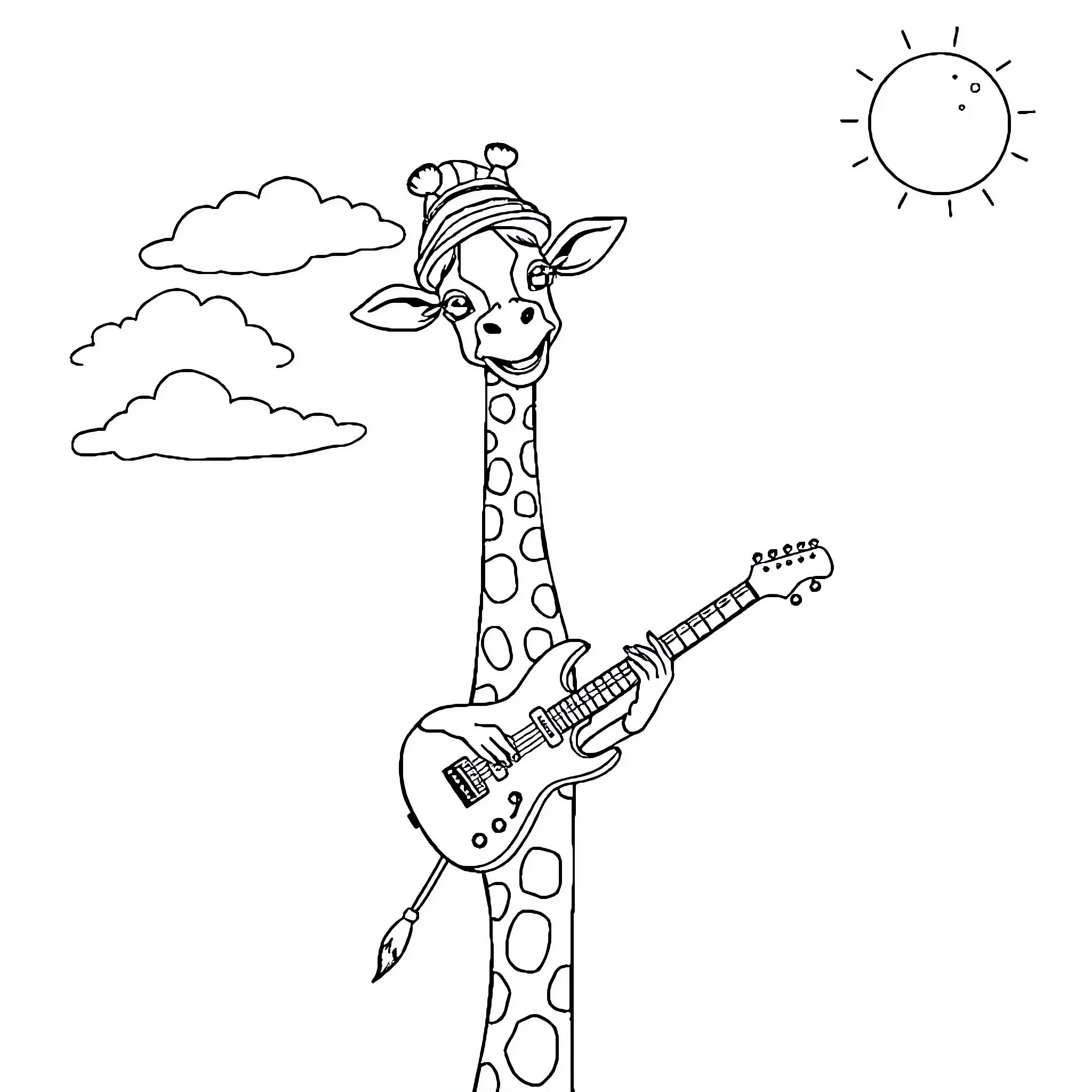Giraffe playing guitar in the clouds Coloring Page (free black-and-white line drawing printable PDF for all, from beginners to advanced learners, including children, teens, adults, and seniors)