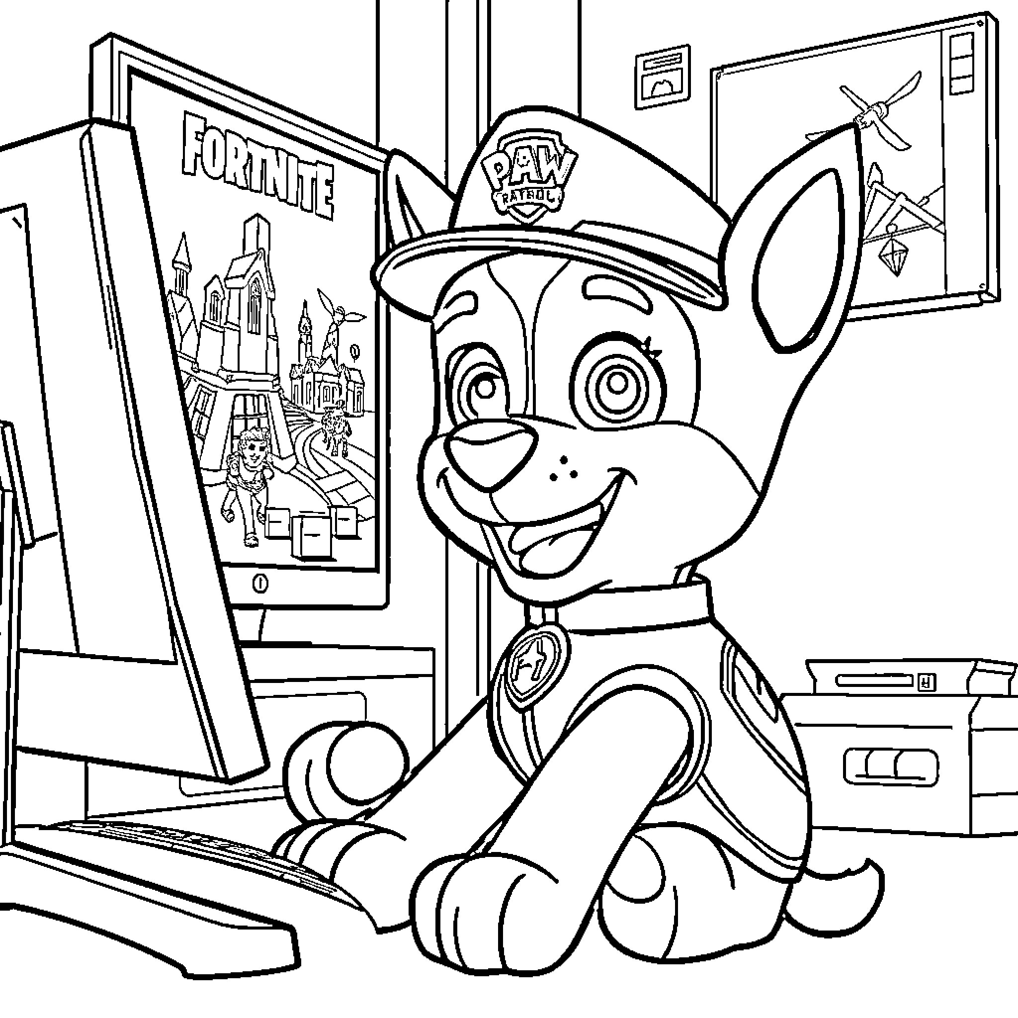 Chase and the Paw Patrol in the Game Room Coloring Page (free black-and-white line drawing printable PDF for all, from beginners to advanced learners, including children, teens, adults, and seniors)