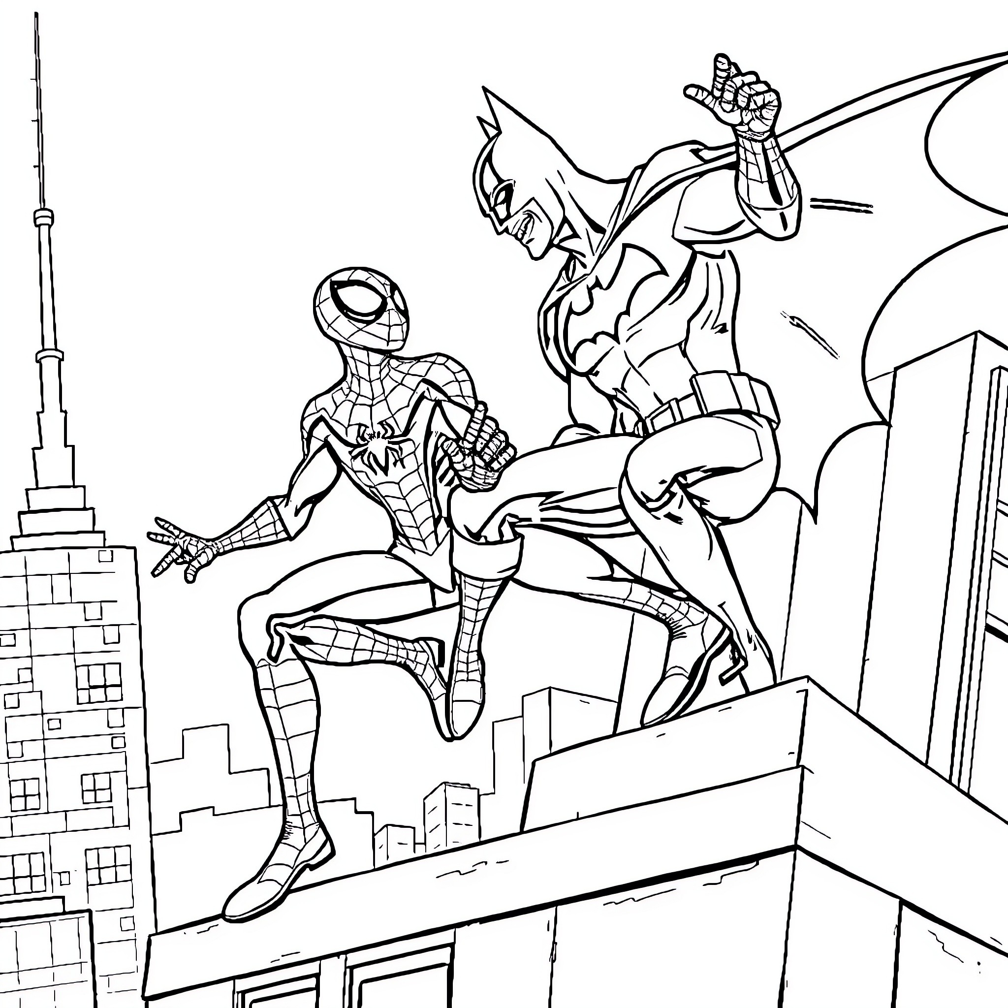 Batman and Spider-Man battling on skyscrapers Coloring Page (free black-and-white line drawing printable PDF for all, from beginners to advanced learners, including children, teens, adults, and seniors)
