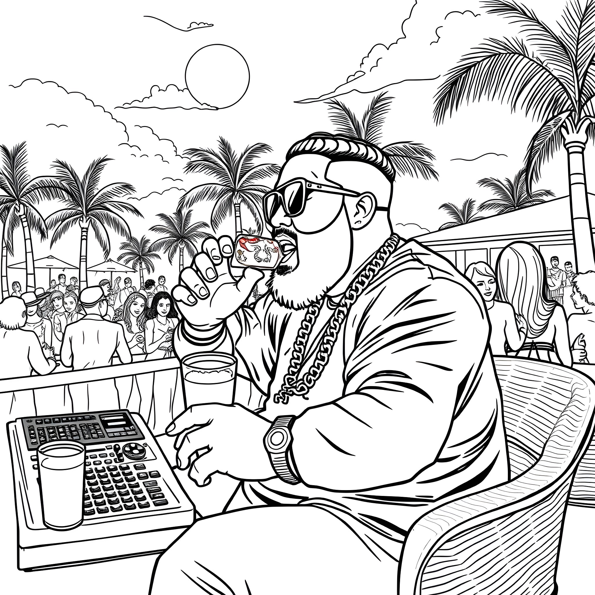 Dj Khaled enjoying a tropical beach party Coloring Page (free black-and-white line drawing printable PDF for all, from beginners to advanced learners, including children, teens, adults, and seniors)