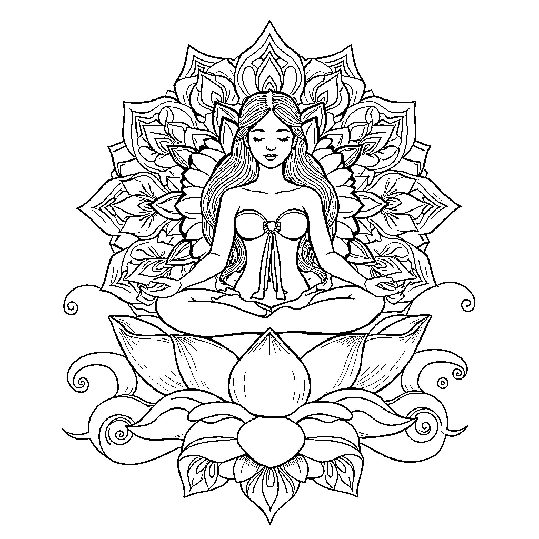 Woman meditating in lotus position on ornate floral design Coloring Page (free black-and-white line drawing printable PDF for all, from beginners to advanced learners, including children, teens, adults, and seniors)