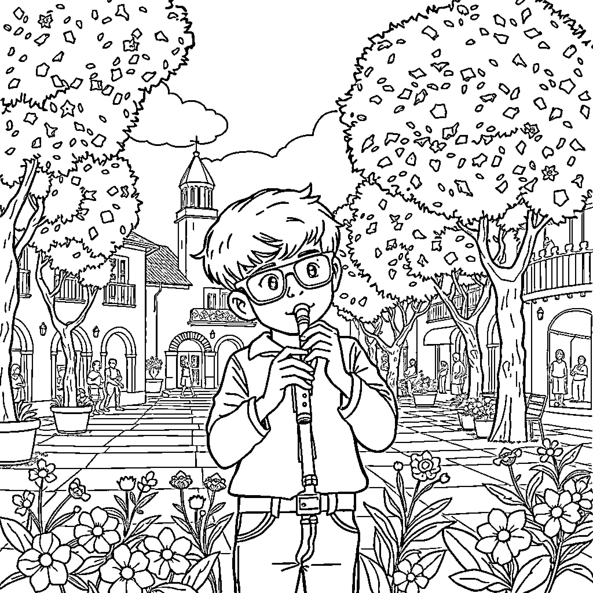 Niño exploring a whimsical town with curiosity Coloring Page (free black-and-white line drawing printable PDF for all, from beginners to advanced learners, including children, teens, adults, and seniors)
