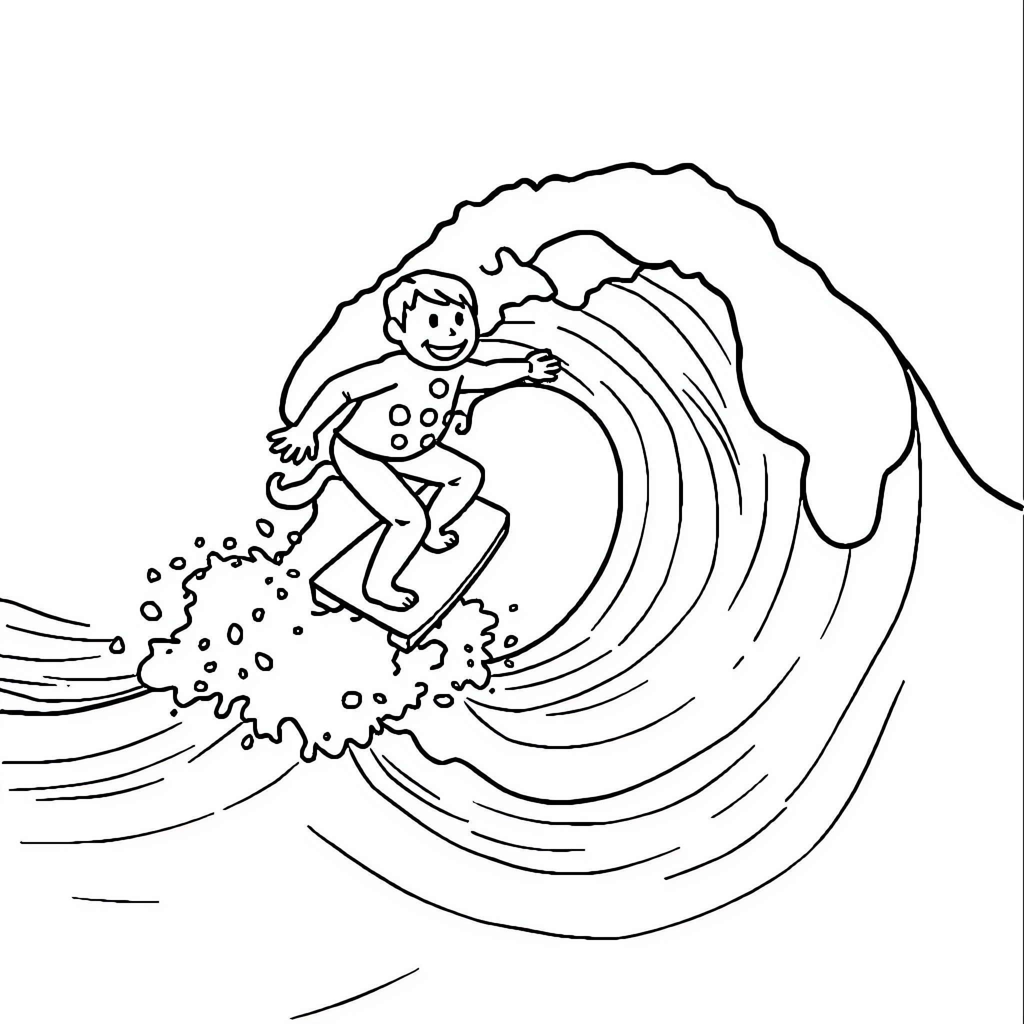 Cookie surfing a giant wave Coloring Page (free black-and-white line drawing printable PDF for all, from beginners to advanced learners, including children, teens, adults, and seniors)