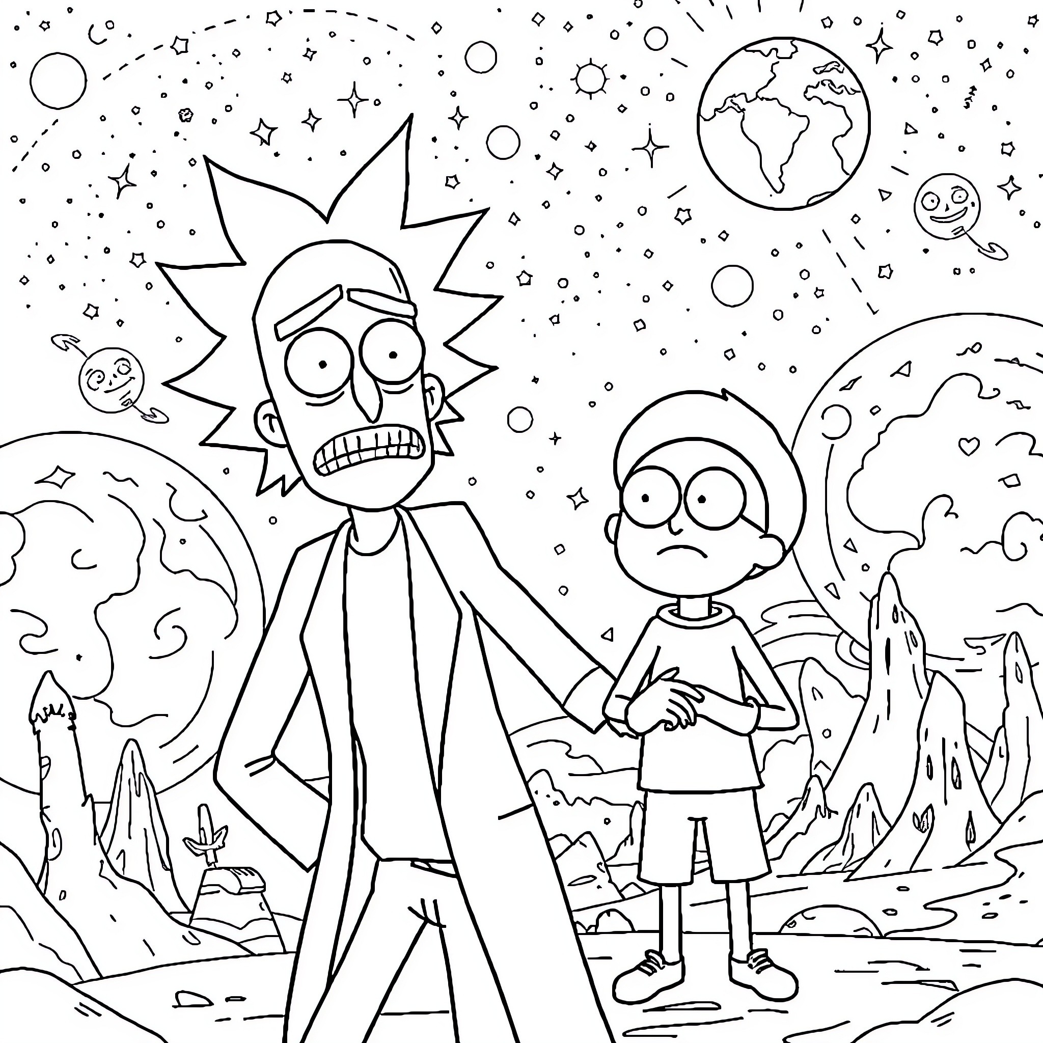 Rick And Morty Explore the Cosmic Landscape Coloring Page (free black-and-white line drawing printable PDF for all, from beginners to advanced learners, including children, teens, adults, and seniors)