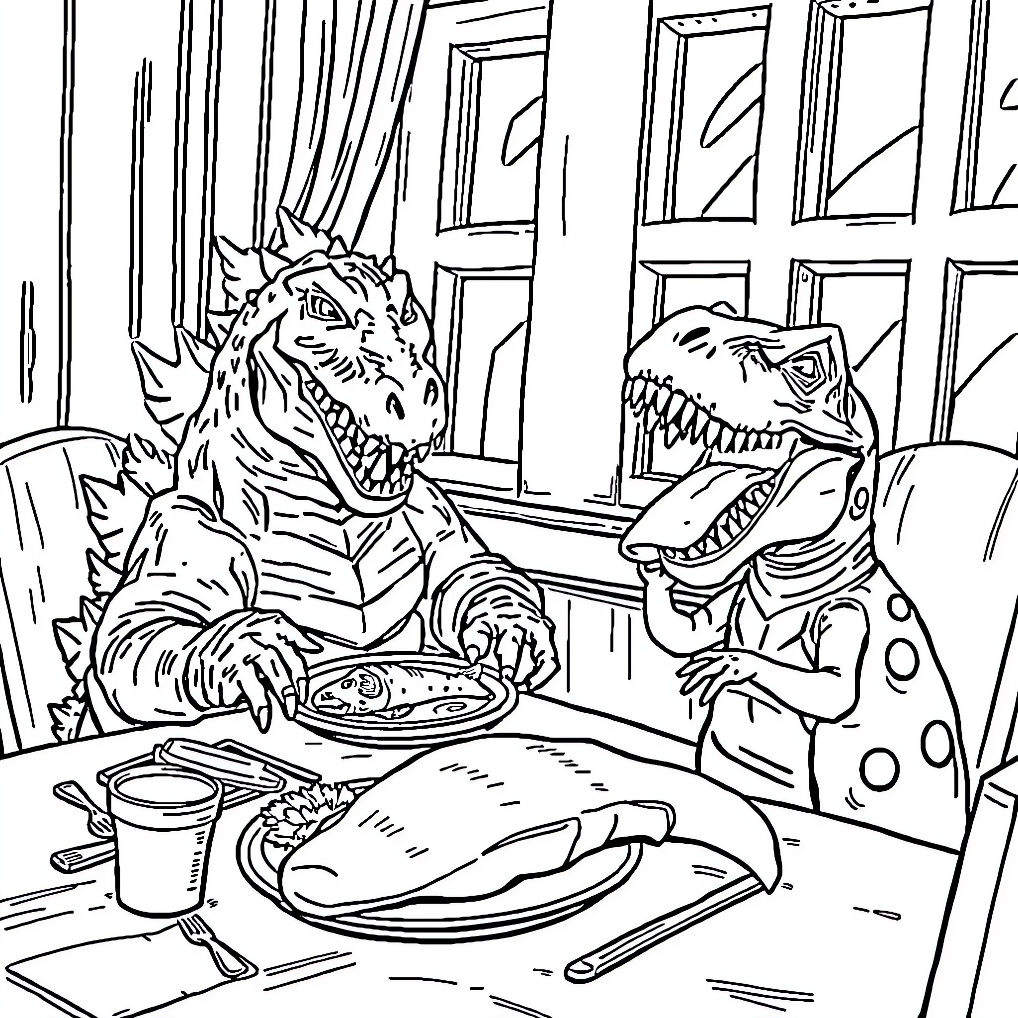 Godzilla and T-Rex enjoy dinner together Coloring Page (free black-and-white line drawing printable PDF for all, from beginners to advanced learners, including children, teens, adults, and seniors)